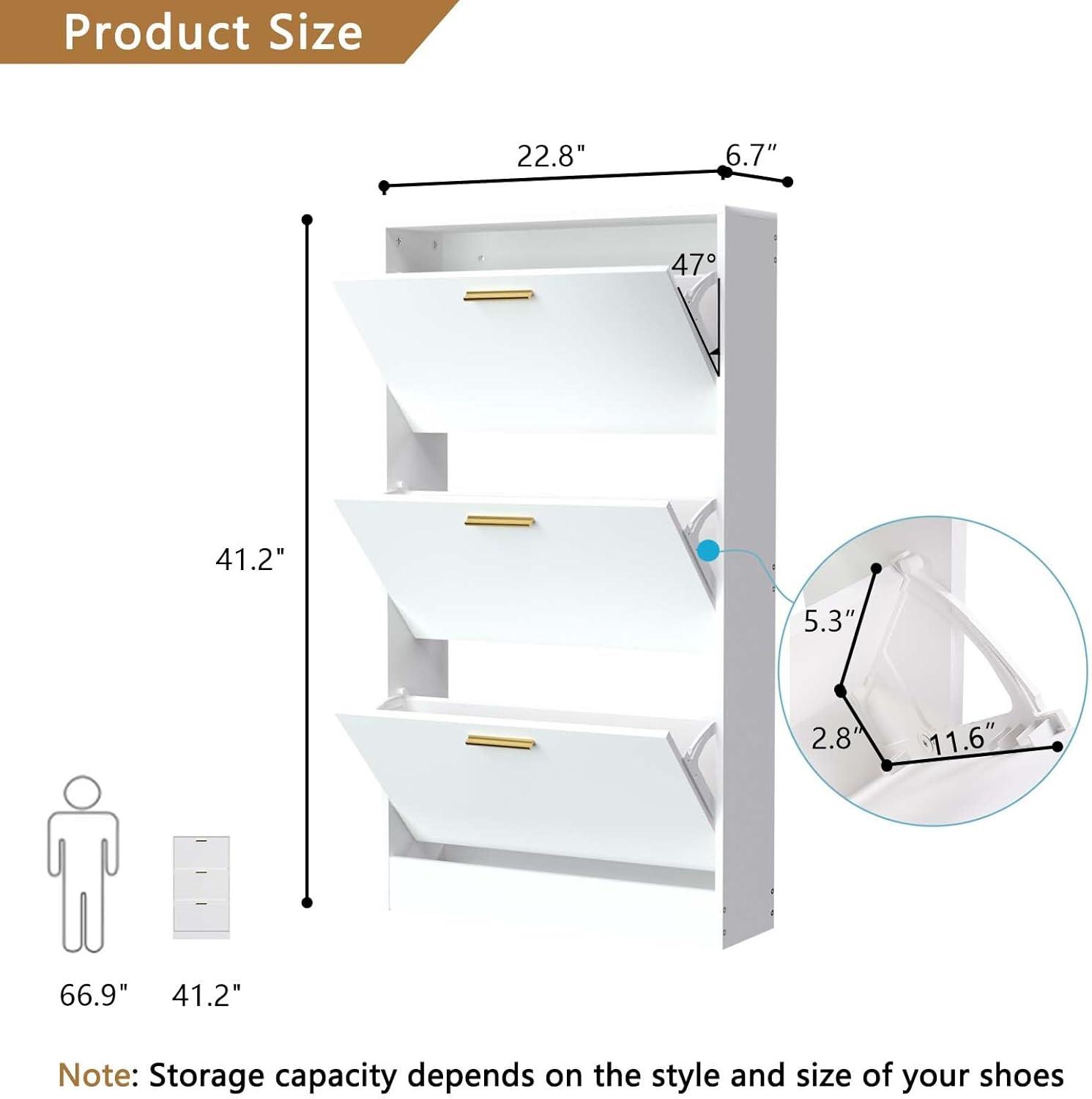 Narrow Shoe Storage Cabinet, Shoe Cabinet for Entryway with 3 Flip Drawers, Wood Hidden Shoe Storage, Freestanding Shoe Organizer for Hallway, Bedroom, Apartment, White