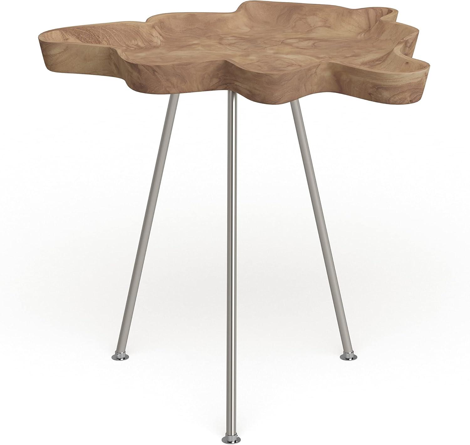 DecMode 27" x 22" Brown Teak Wood Live Edge Top Accent Table with Silver Metal Tripod Legs, 1-Piece