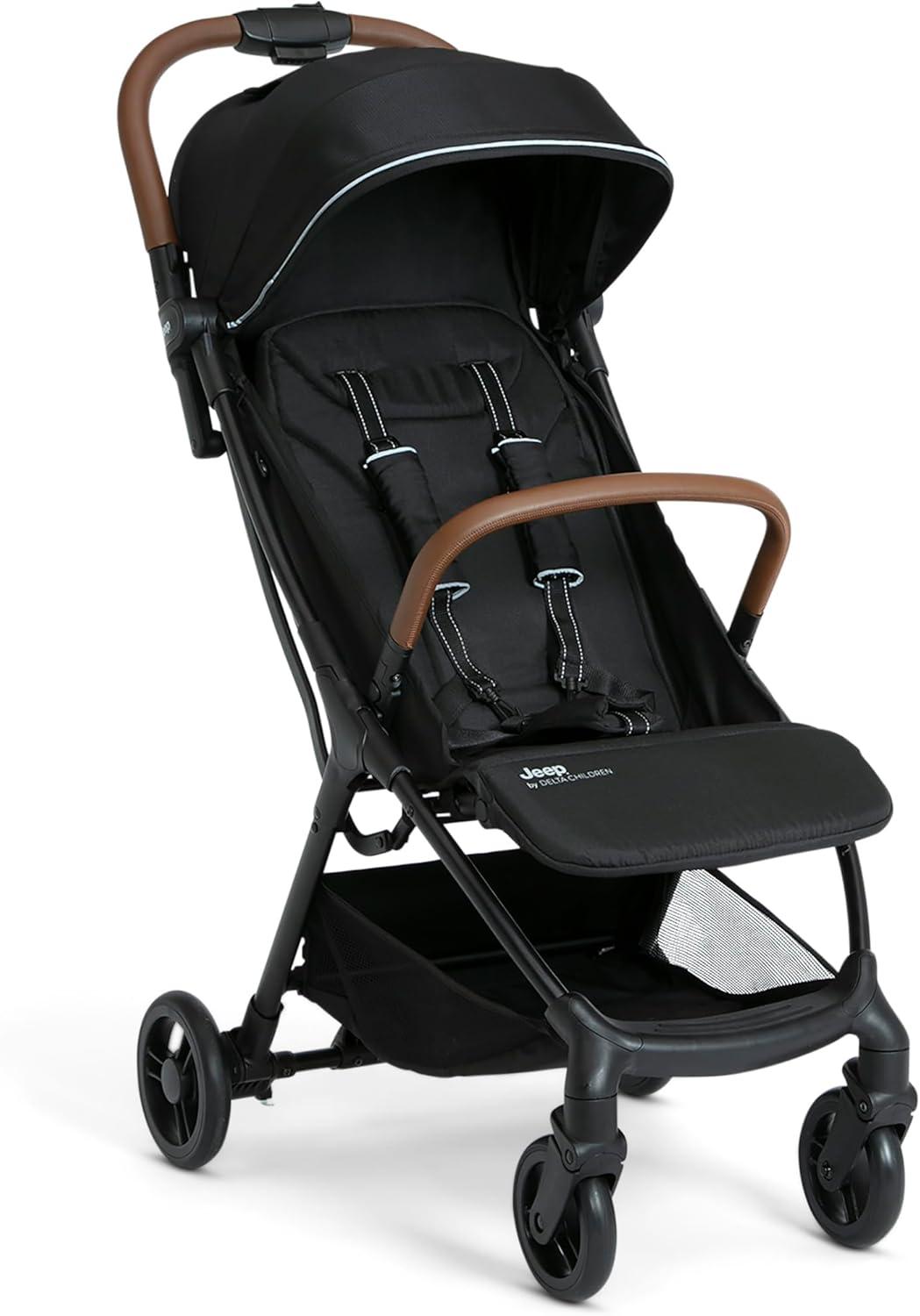 Black Compact Travel Stroller with Leatherette Handle