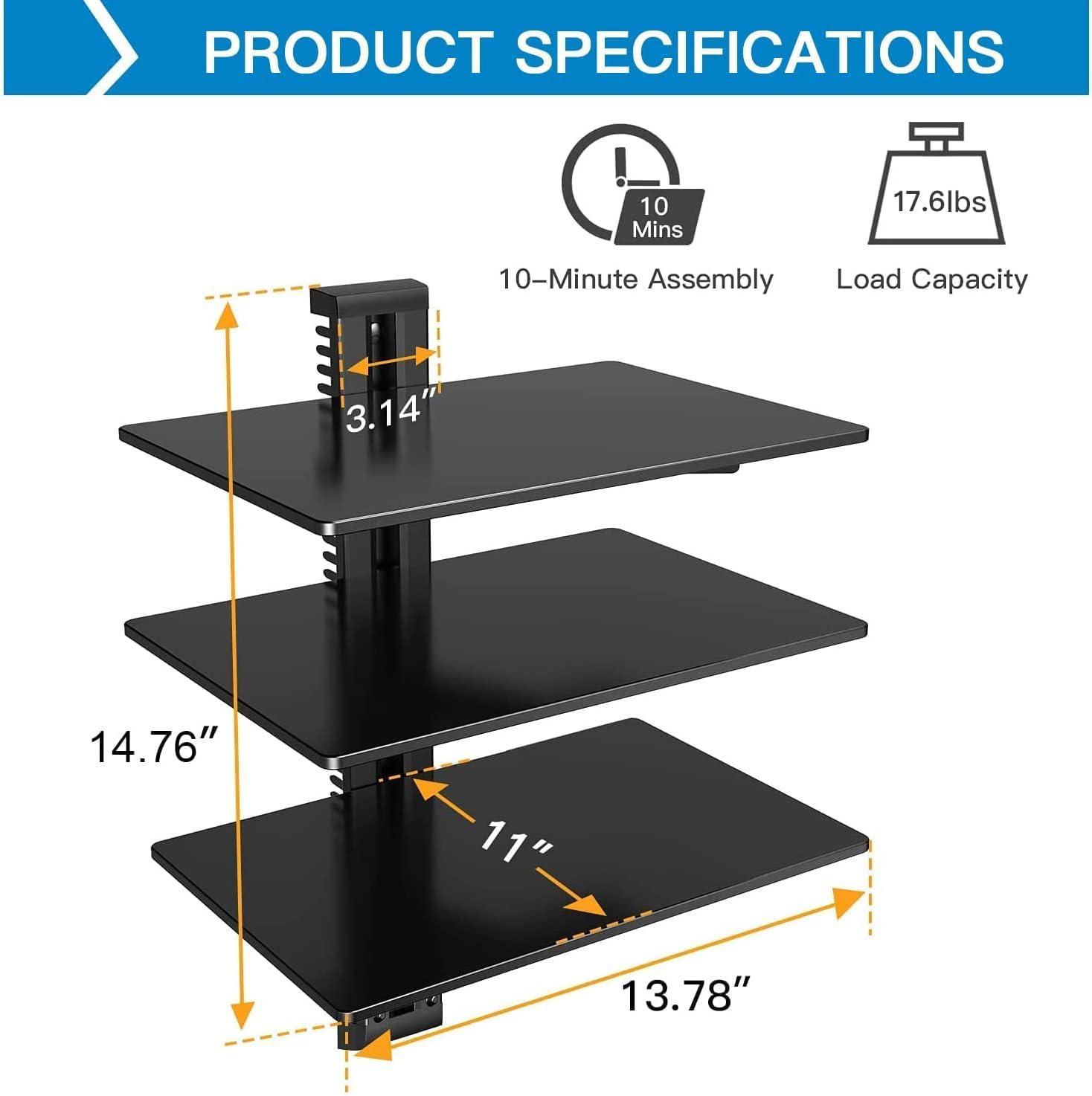 Black Tempered Glass Floating Wall Mounted Shelf