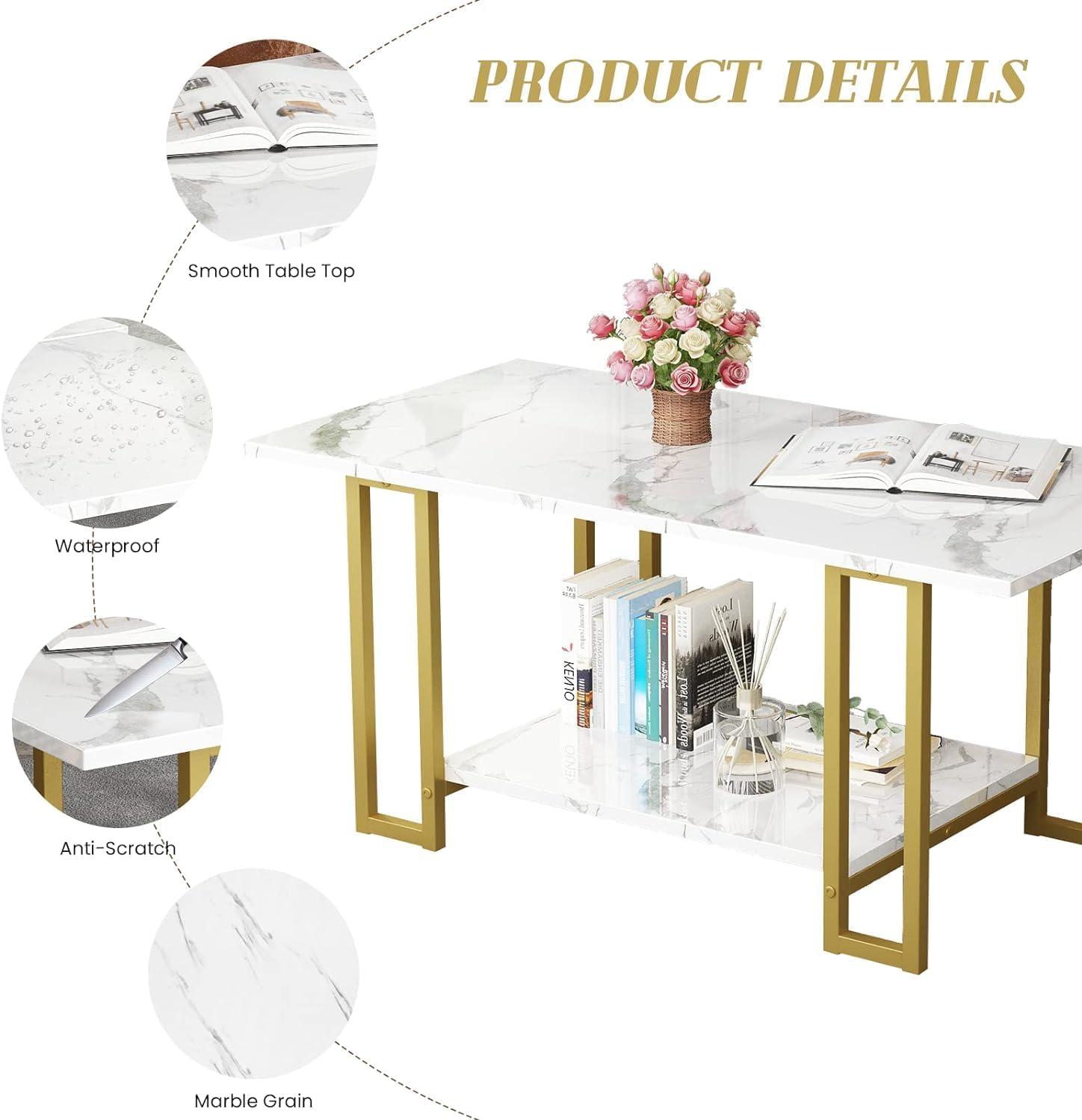 AWQM Coffee Table Set of 3, Gold Coffee Table & End Table & Console Tables for Entryway, Living Room Table Set with Metal Frame,Accent Table Side Table for Home,Office,Gold+White