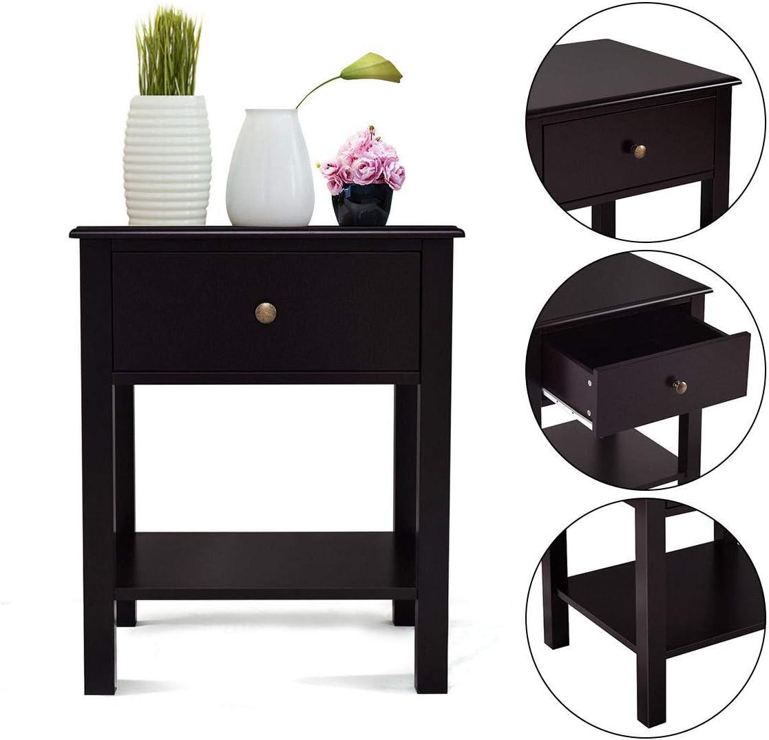 Tangkula End Table Nightstand w/Drawer & Shelf Bedroom Living Room Furniture Brown
