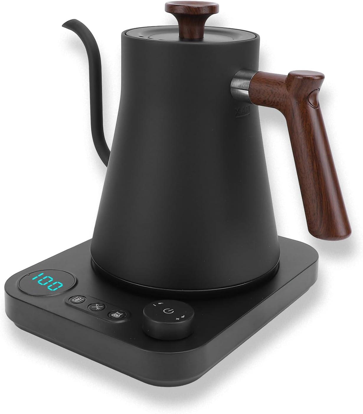 Black Stainless Steel 0.9L Electric Gooseneck Kettle with Wood Accents