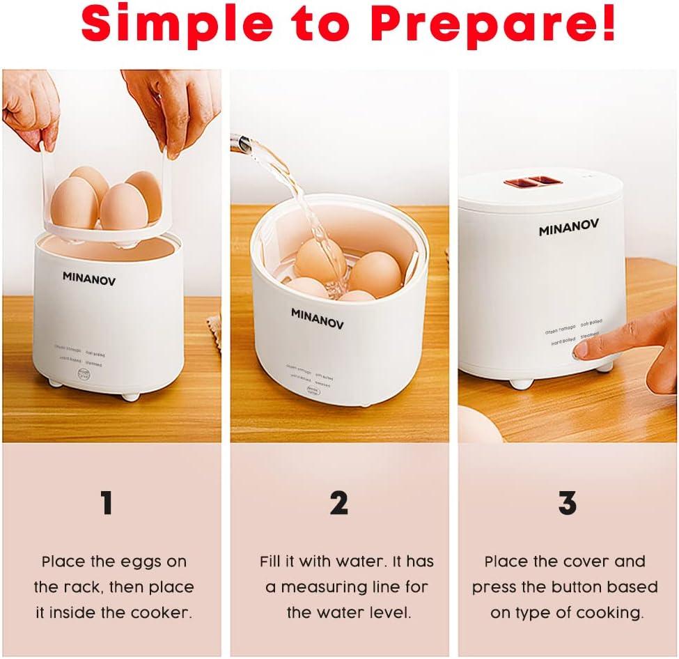 MINANOV Electric egg Cooker - 4 Egg Capacity Rapid Egg Cooker for Hard Boiled, Soft Boiled, Steamed Egg, Onsen Tamago - Smart Cooker for Kitchen, Dorm and Camping with Auto Power-off and Beep Alarm