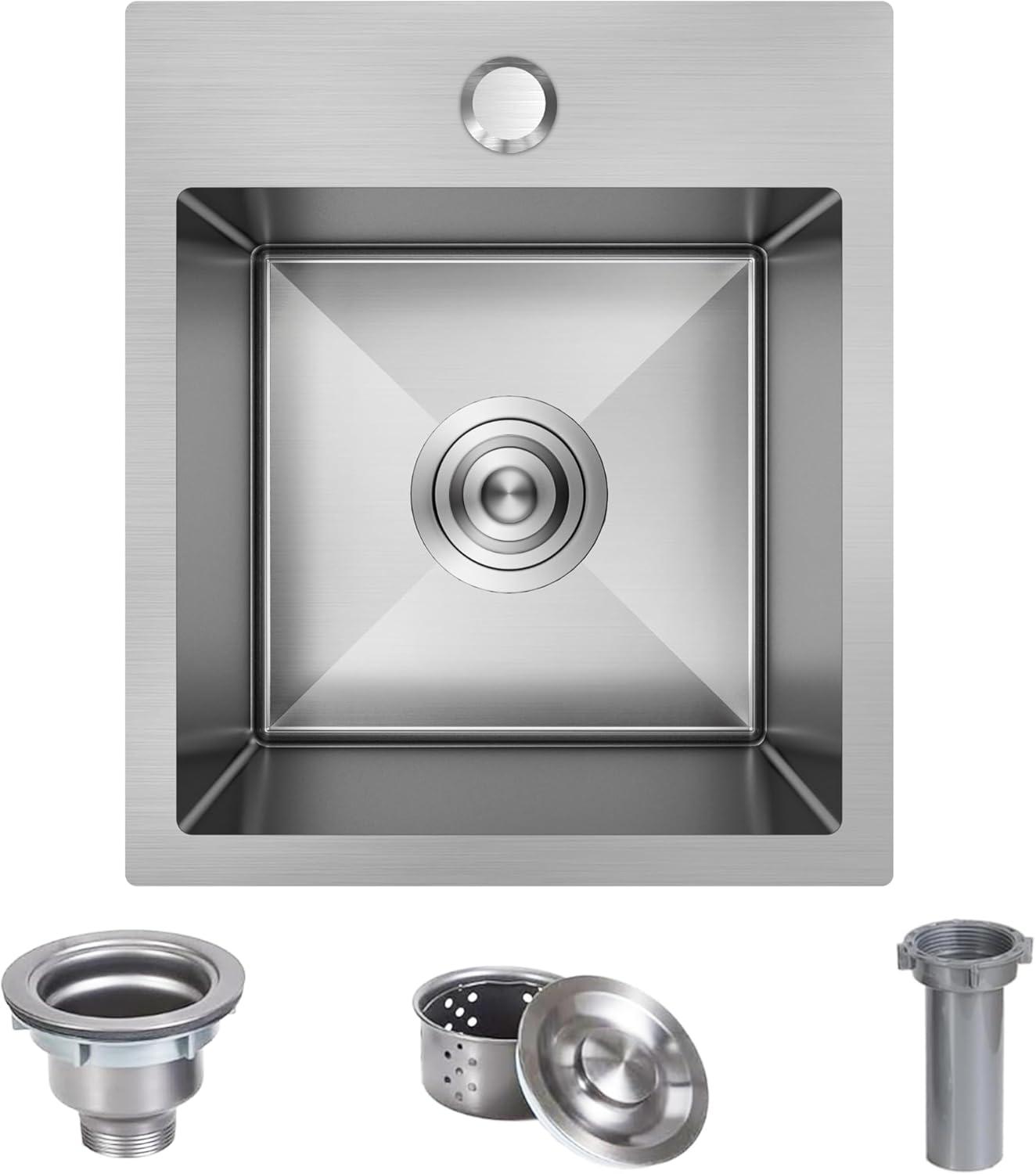 15 x 20 Inch Drop In Kitchen Bar Sink, Small Kitchen Sink Single Bowl Topmount Bar Prep Sink 18 Gauge Stainless Steel Bar Sink with Grid and Basket Strainer