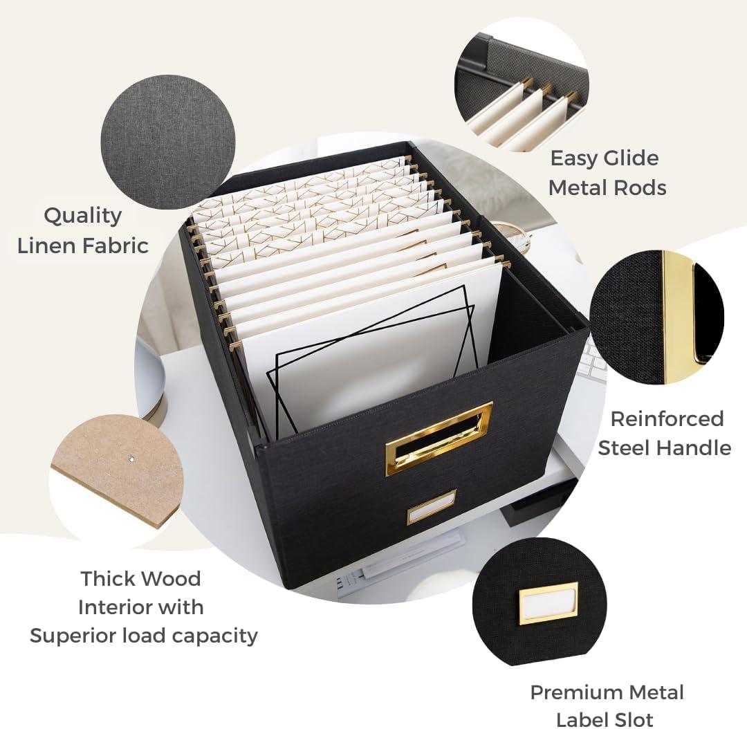 BLU MONACO Hanging File Box with Lid - Black Document Organizer for Letter & Legal Size Paperwork