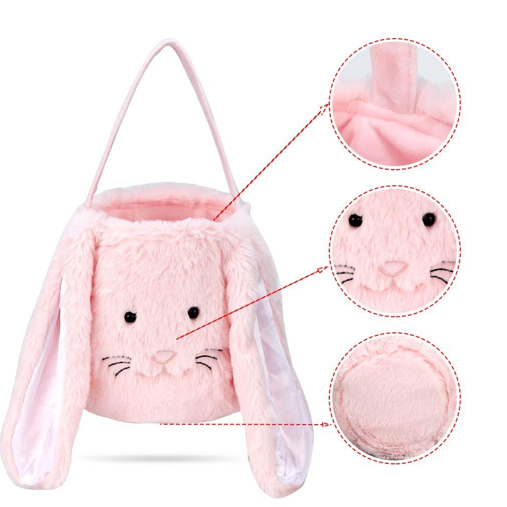 Easter Bunny Tote Bag, Cute Fuzzy Rabbit Ears Soft Plush Candy Handle Bag Eggs Basket Gift Bag for Kids Holiday Decorations