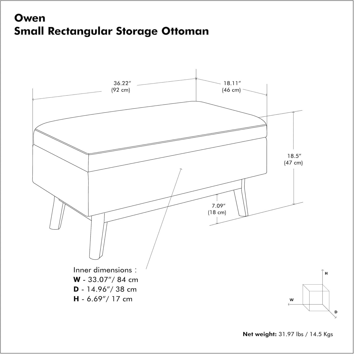 Simpli Home Owen 36"W Small Upholstered Storage Ottoman with Lift Top and Solid Wood Legs