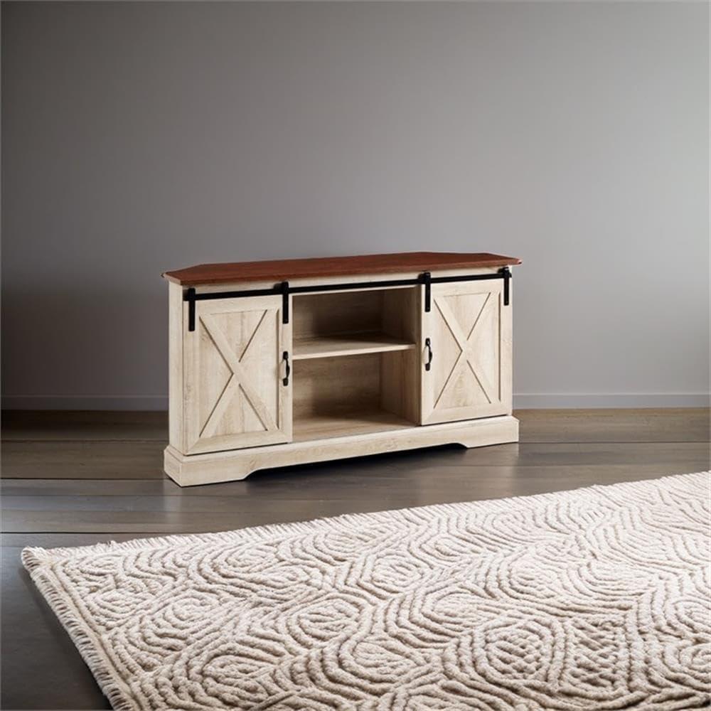 Traditional Brown and White Oak Corner TV Stand with Sliding Barn Doors