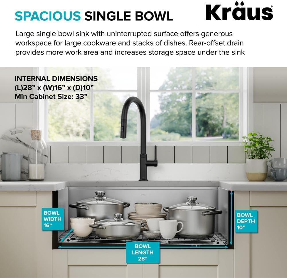 KRAUS Kore Workstation 30-inch L Farmhouse Flat Apron Front 16 Gauge Single Bowl Stainless Steel Kitchen Sink