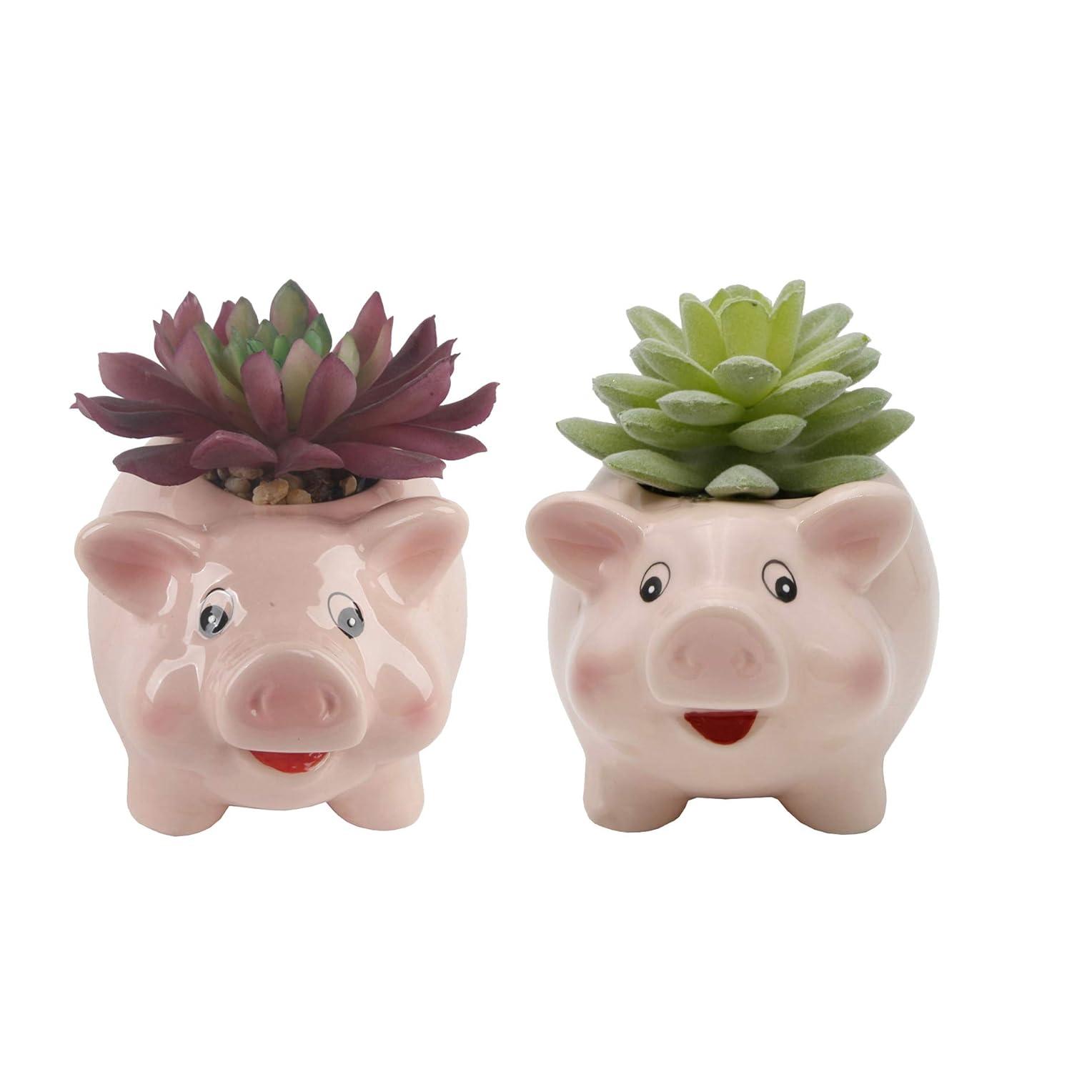 Flora Bunda Set of 2 Artificial Succulents in Pink Ceramic Pig Planters