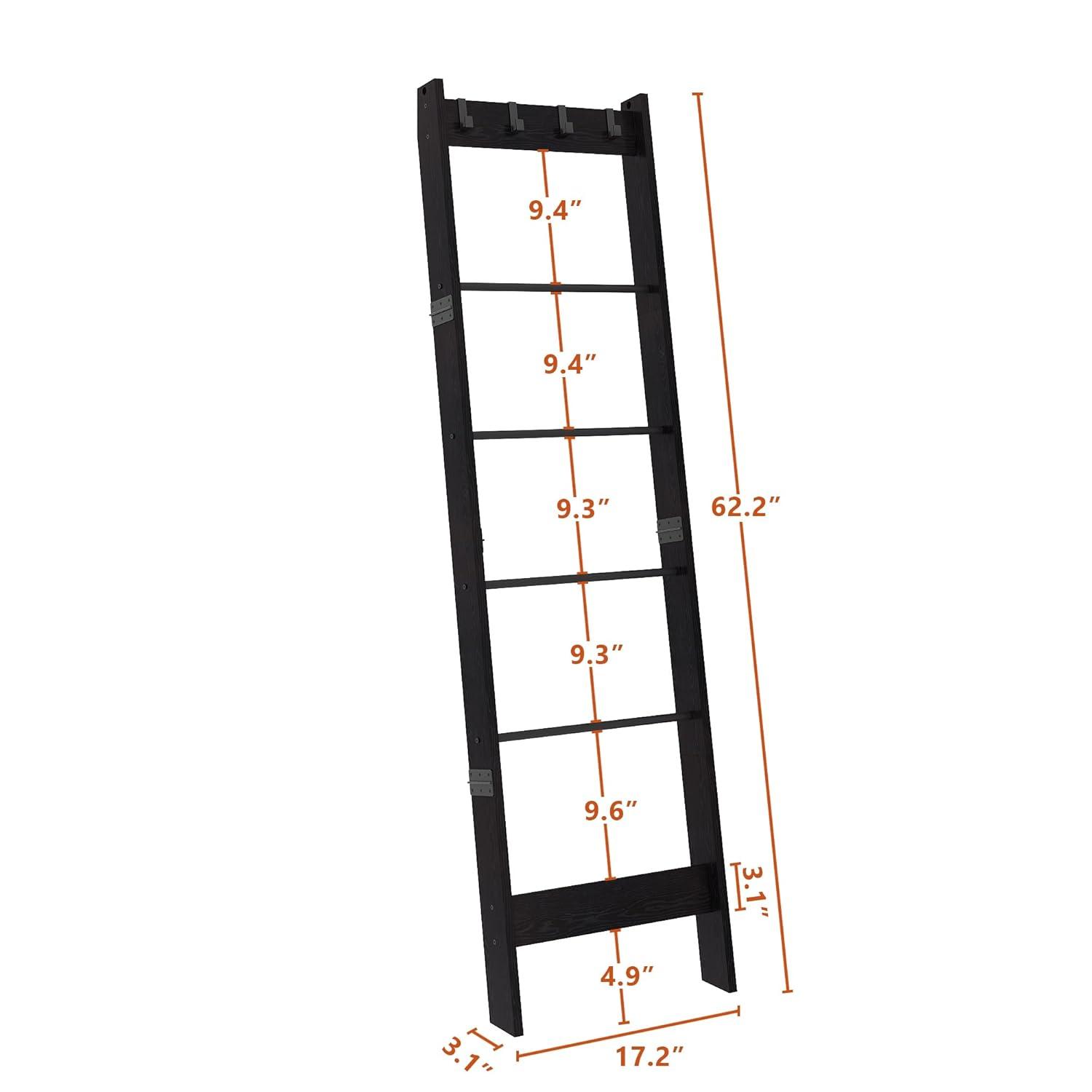 6 Tier Blanket Ladder Shelf For Living Room And Bedroom, Ladder Holder With 4 Metal Hooks, 5.2Ft Blanket Quilt Holder Rack, Farmhouse Ladder Rack For Storage And Home Decor