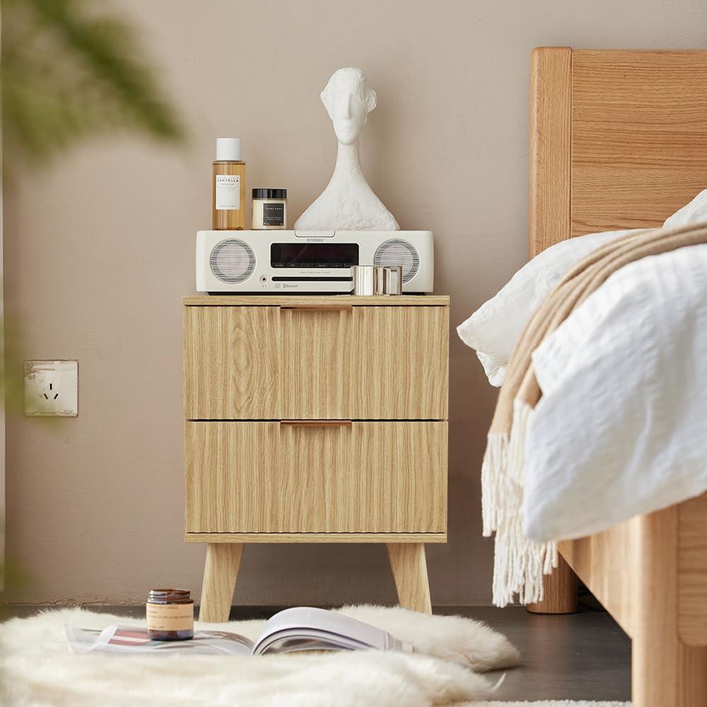 Natural Wood Mid Century Modern 2-Drawer Nightstand