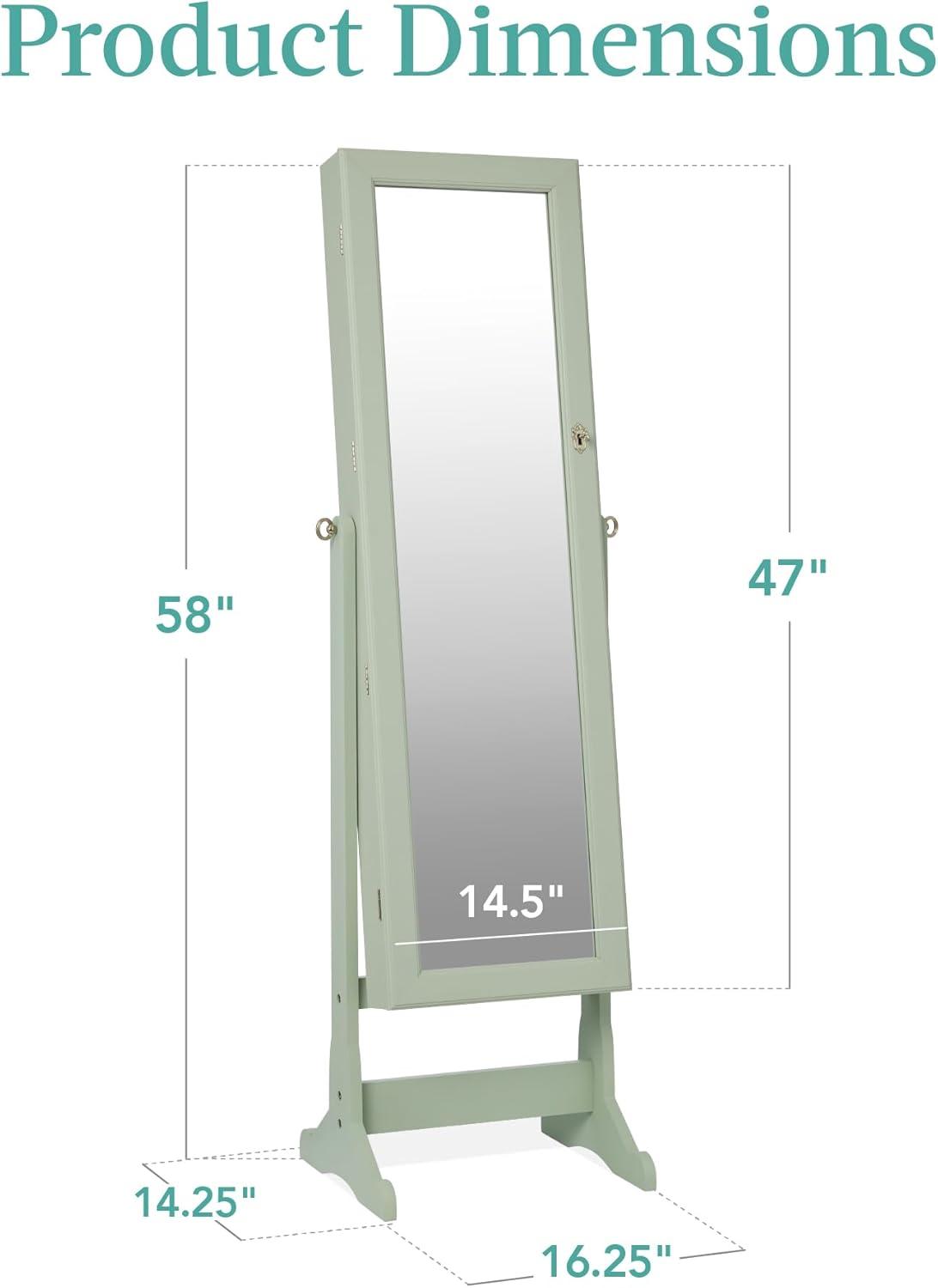Best Choice Products Jewelry Armoire Cabinet, Full Length Mirror w/ Velvet Storage Interior, Lock - Sage