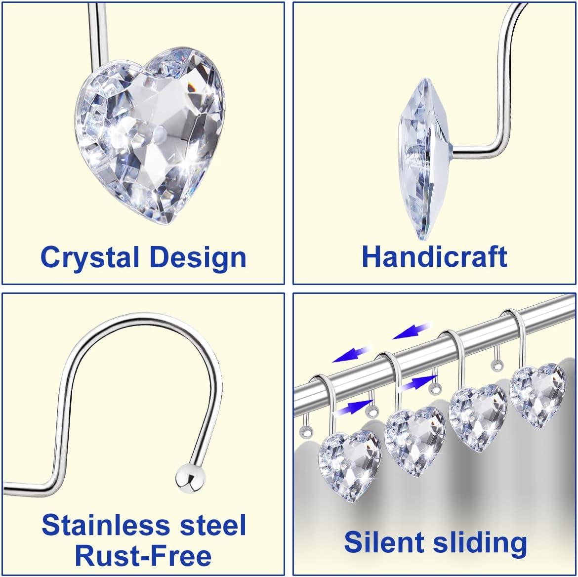 12PCS Stainless Steel Shower Curtain Hooks with Rhinestones