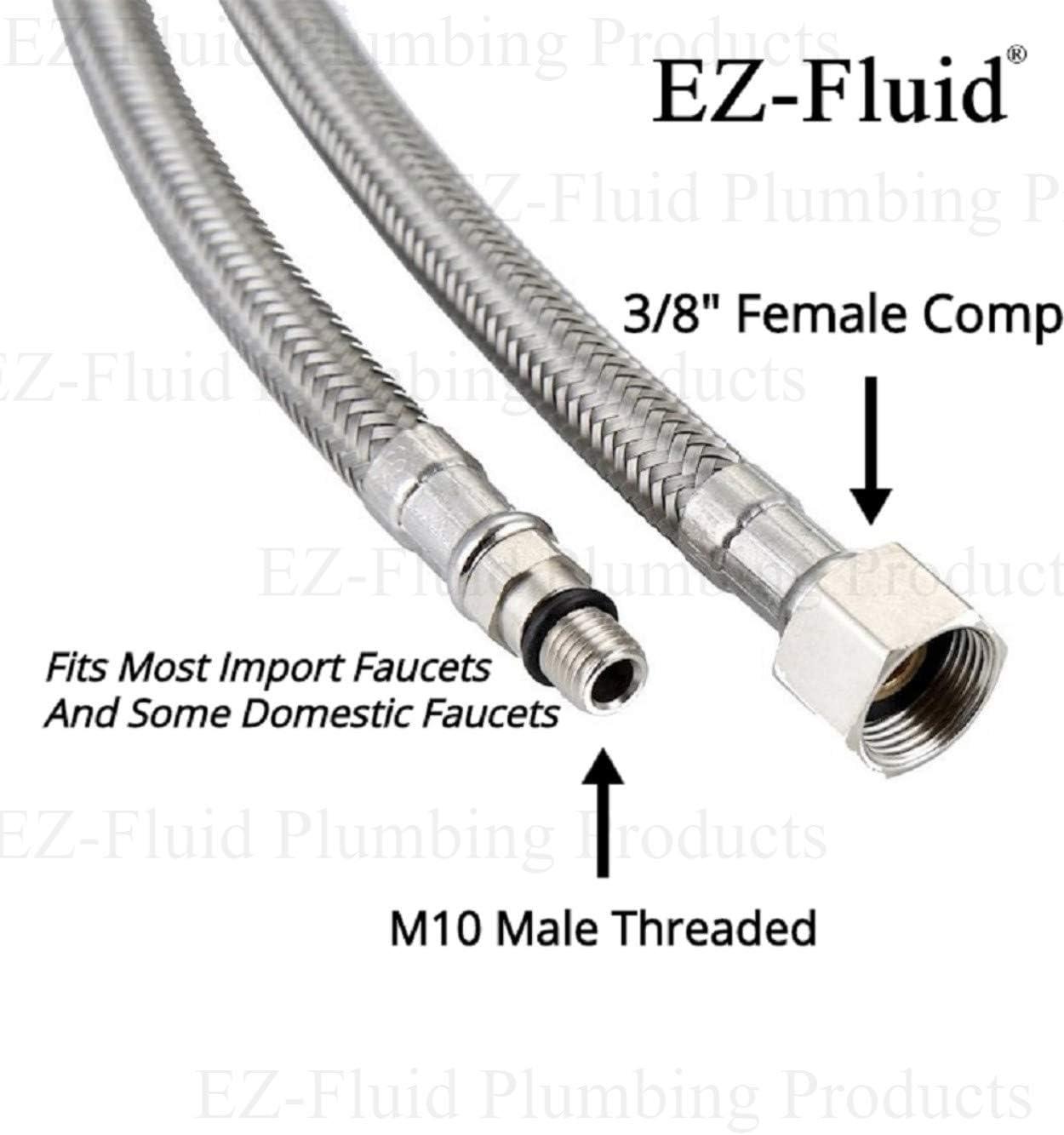 (2Pcs) EZ-Fluid 20-Inch Long Faucet Connector Braided Stainless Steel Supply Hose 3/8-Inch Female Compression Thread x M10 Male Connector