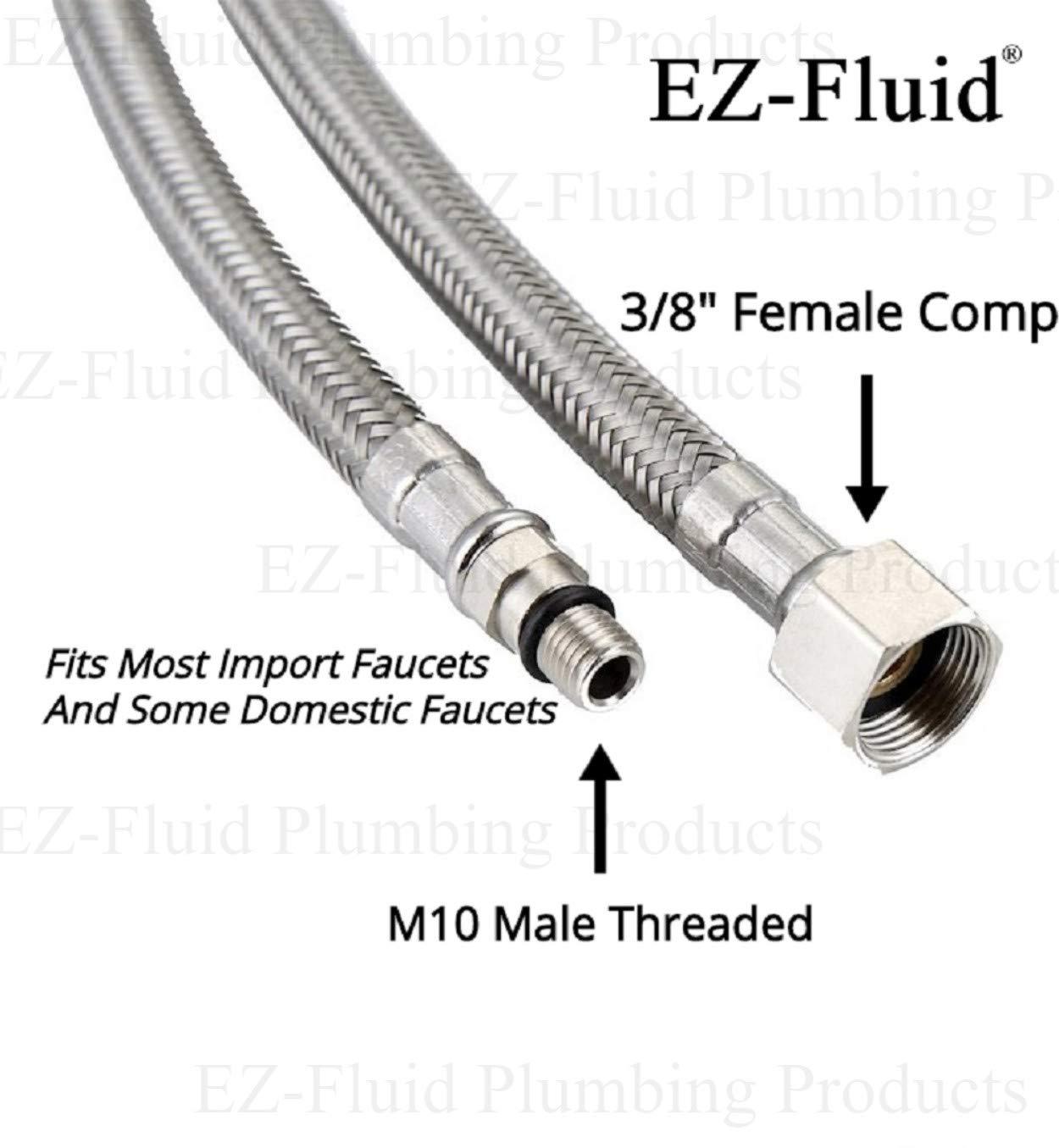 (2Pcs) EZ-Fluid 20-Inch Long Faucet Connector Braided Stainless Steel Supply Hose 3/8-Inch Female Compression Thread x M10 Male Connector