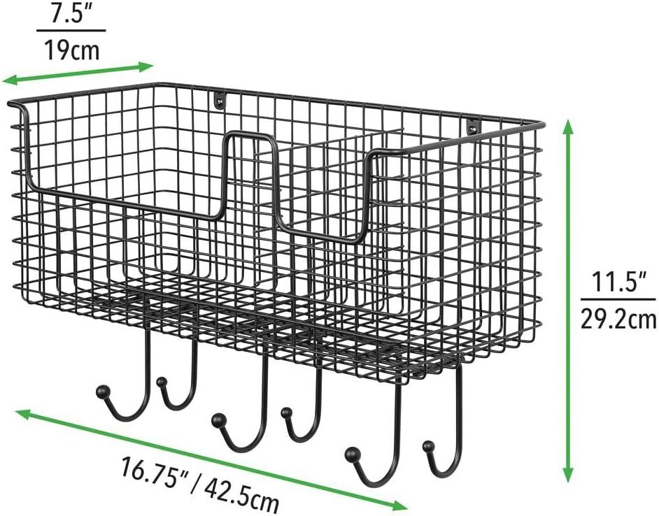 Black Steel Wall-Mounted Storage Basket with Hooks