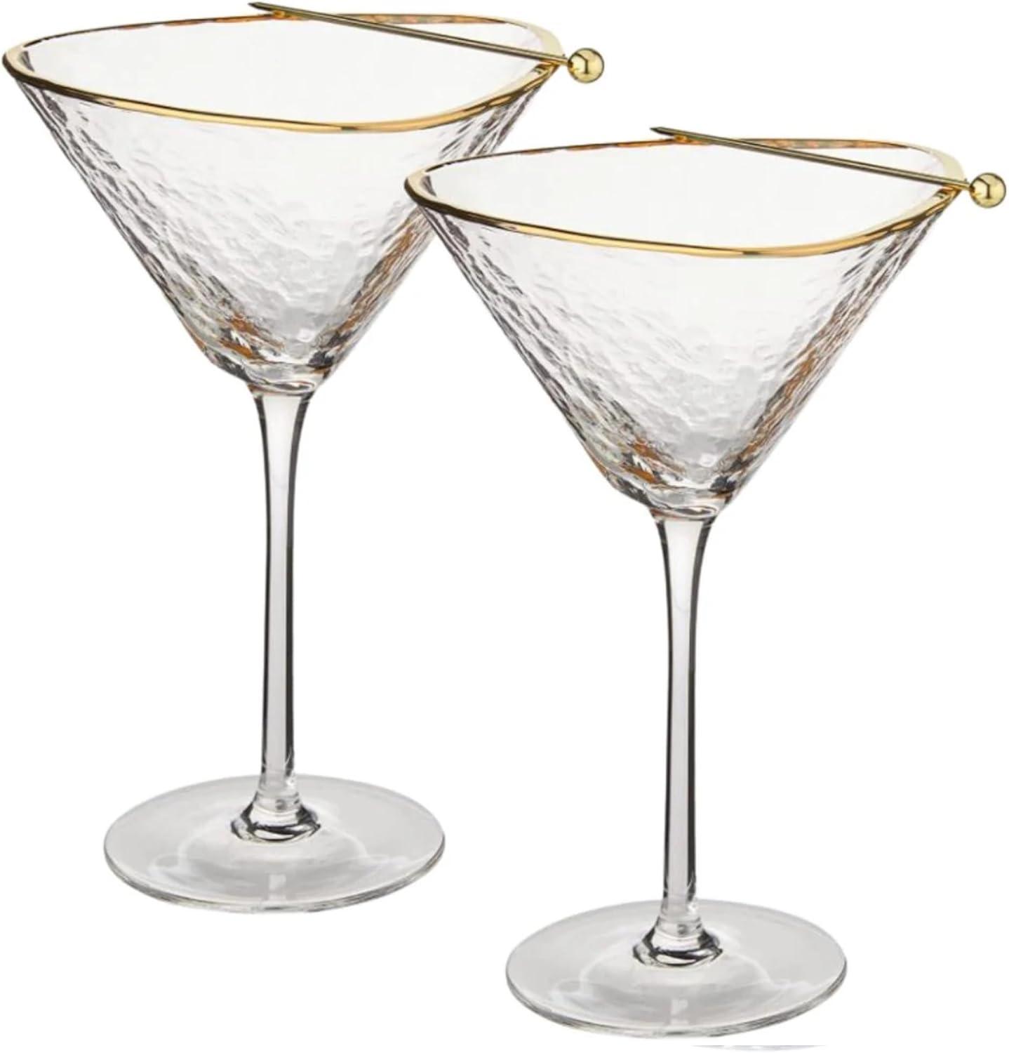 Sisterly Drinkware Clear Hammered Martini Glasses Set of 2 – Handmade Gold Rim Cocktail Glasses with 2 Gold-Plated Picks & 2 Coasters – 8 oz Elegant Barware for Martinis, Cocktails & Mocktails