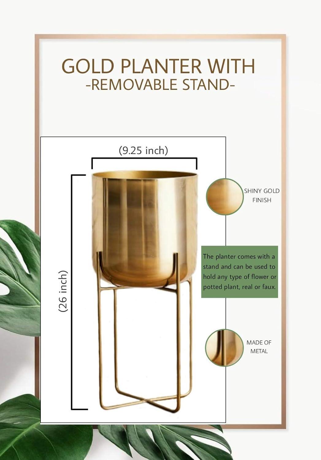 Serene Spaces Living Tall Gold Planter with Detachable Metal Stand - Modern Mid Century Decorative Indoor Plant Pot - Large Floor Planter for Living Room, Kitchen, Office - 24" H x 9.25" Diameter