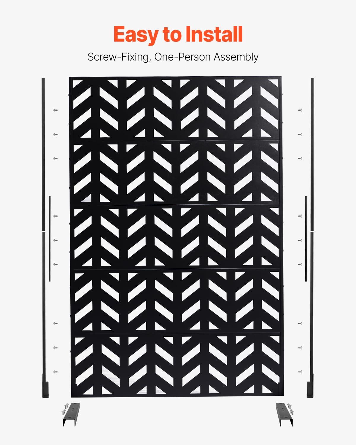 VEVOR Metal Privacy Screen, 47" W x 72" H, Outdoor Privacy Screens 5-Panel, Freestanding Outdoor Divider with Stand, Decorative Garden Steel Privacy Fence for Balcony Patio Indoor Room Black