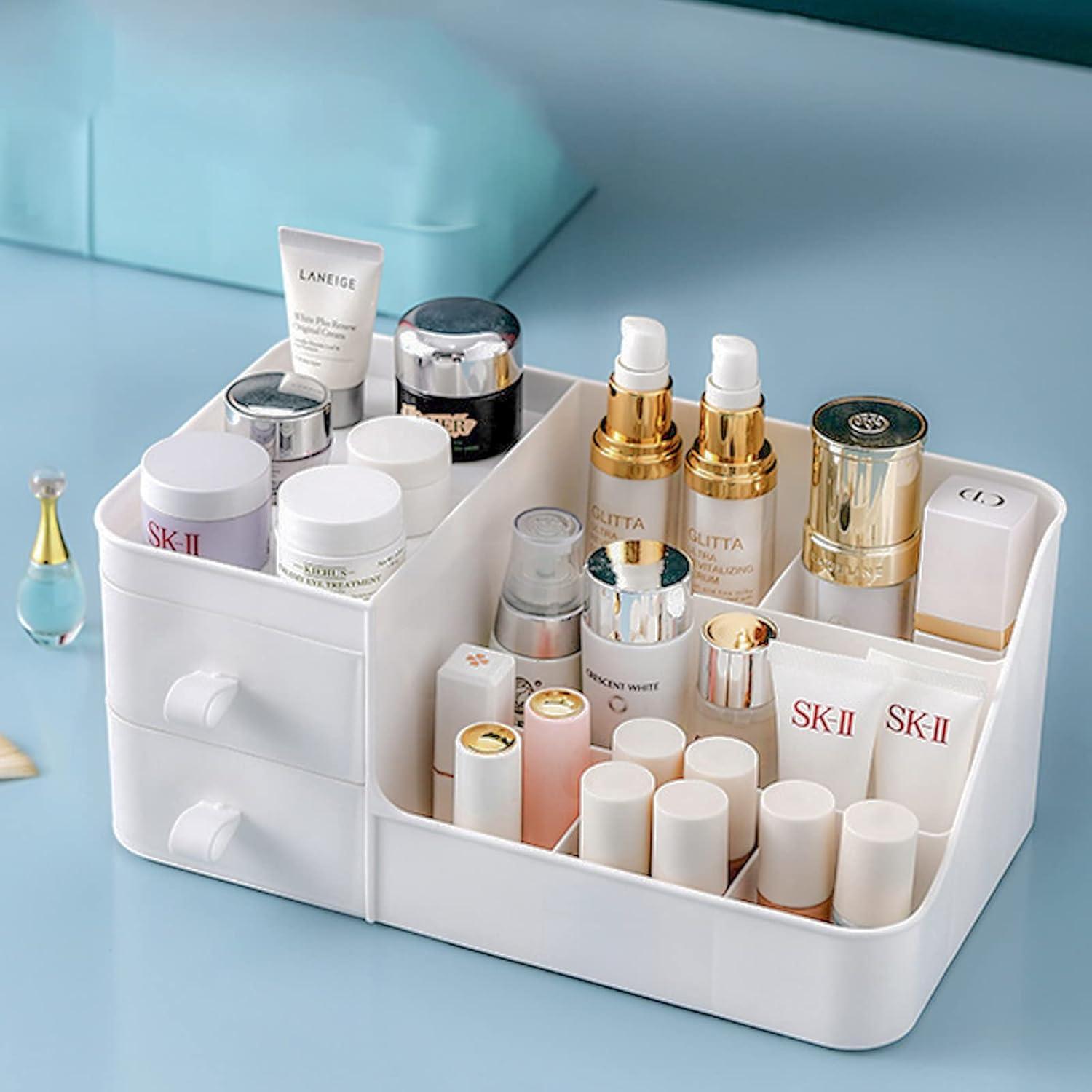 skin care organizer,Makeup Desk Organizer With Drawers,Countertop Organizer for Cosmetics,Vanity brush with Holder for Lipstick, Brushes, Eyeshadow, and Jewelry Desktop Finishing Dresser (White)