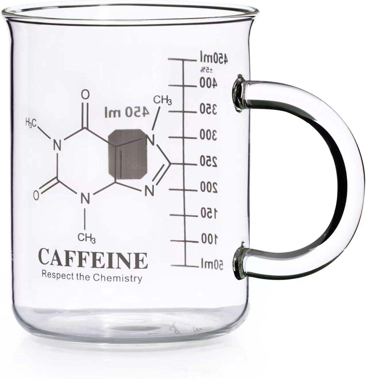 Caffeine Beaker Mug, Caffeine Molecule Mug - Chemistry Mug 16 oz Borosilicate Glass Coffee Mugs with Handle and Measuring for Coffee, Latte, Tea or Hot and Cold Beverage - Tea Coffee Mug
