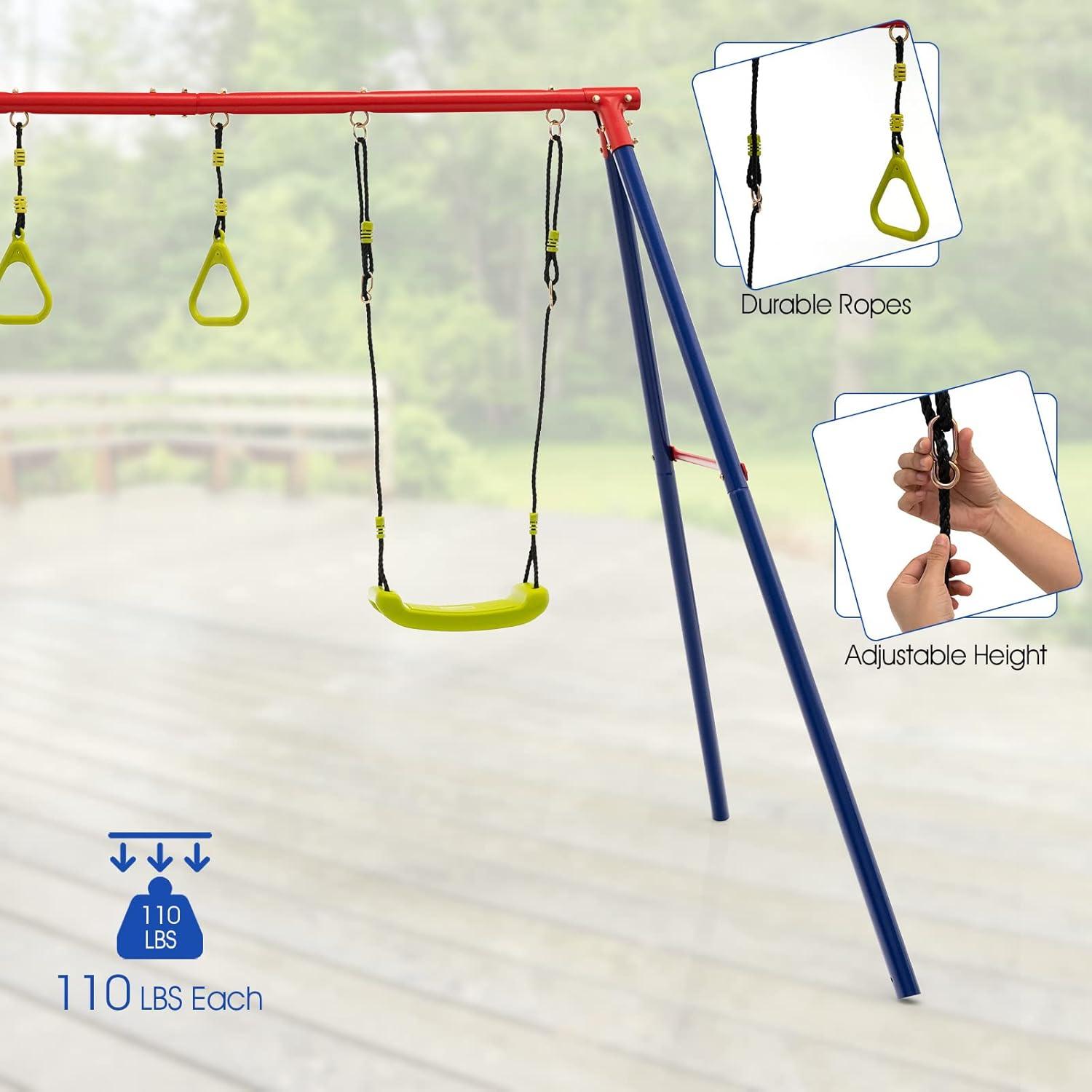 OLAKIDS Swing Sets for Backyard, Outdoor 3 in 1 A-Frame Heavy Duty Metal Stand for Kids and Adults, 440LBS Playground Activity Playset with Swing Seat, Glider, Trapeze Rings for Toddlers