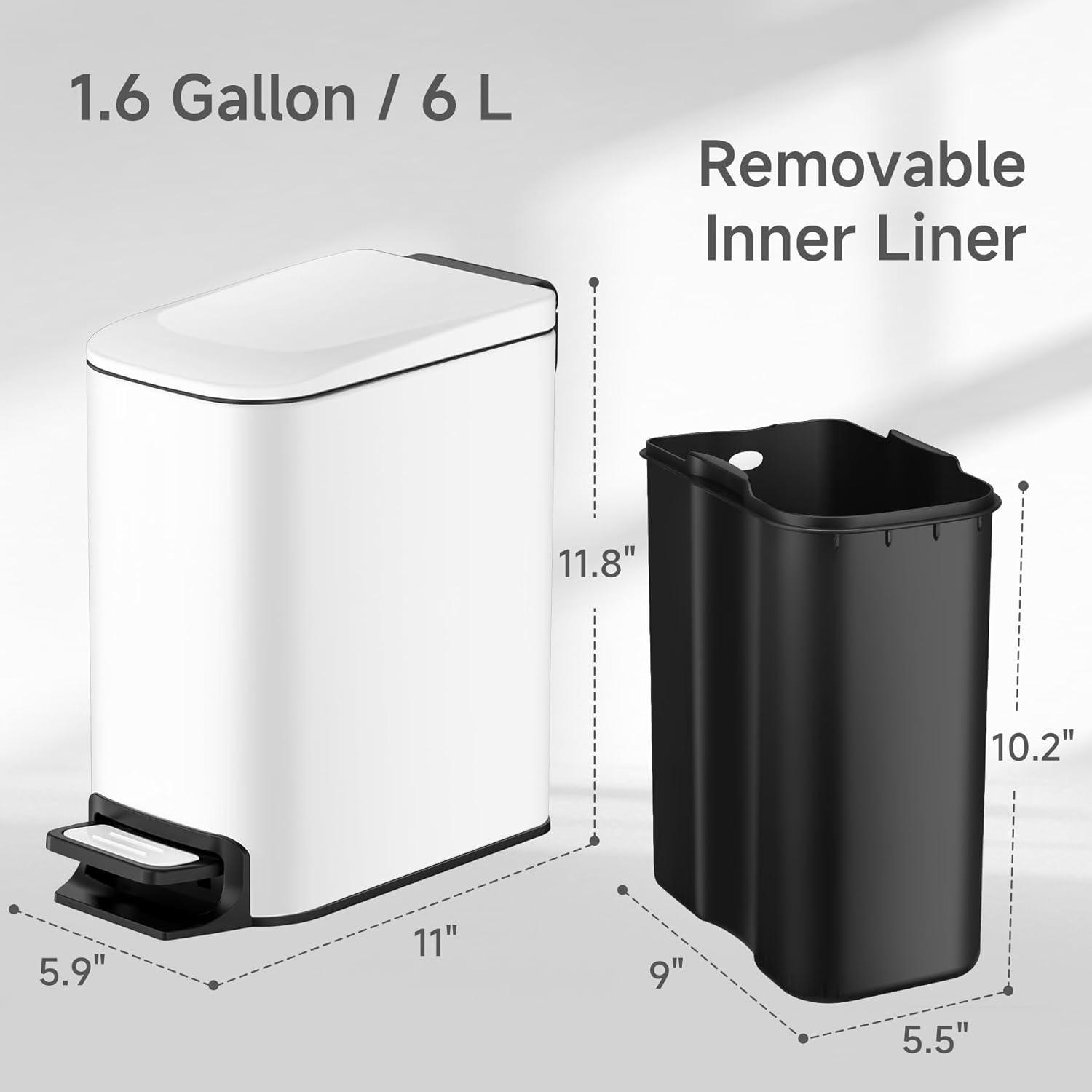 Small Bathroom Trash Can with Lid Soft Close, 6 Liter / 1.6 Gallon Stainless Steel Garbage Can Narrow with Removable Inner Bucket, Step Pedal (White)