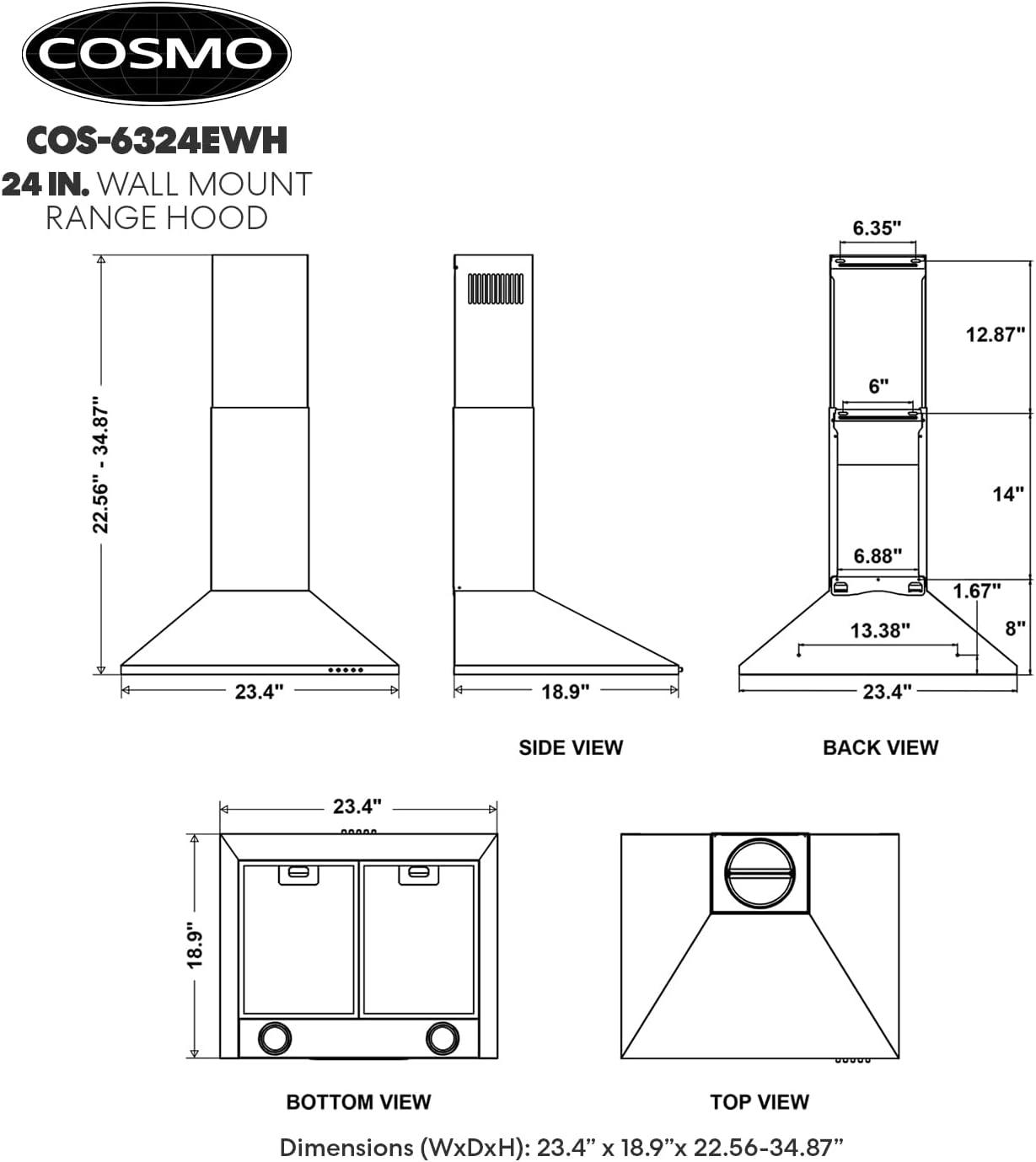 24'' Stainless Steel Convertible Wall Mounted Range Hood