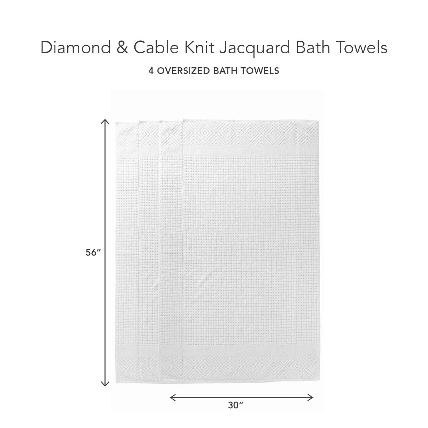 Texere 100% Organic Cotton Diamond Jacquard 700 GSM Luxury Bath Towel Sets - Ultra Soft and Absorbent Hotel and Spa Quality (Diamond, Bright White, 4 Bath Towels)