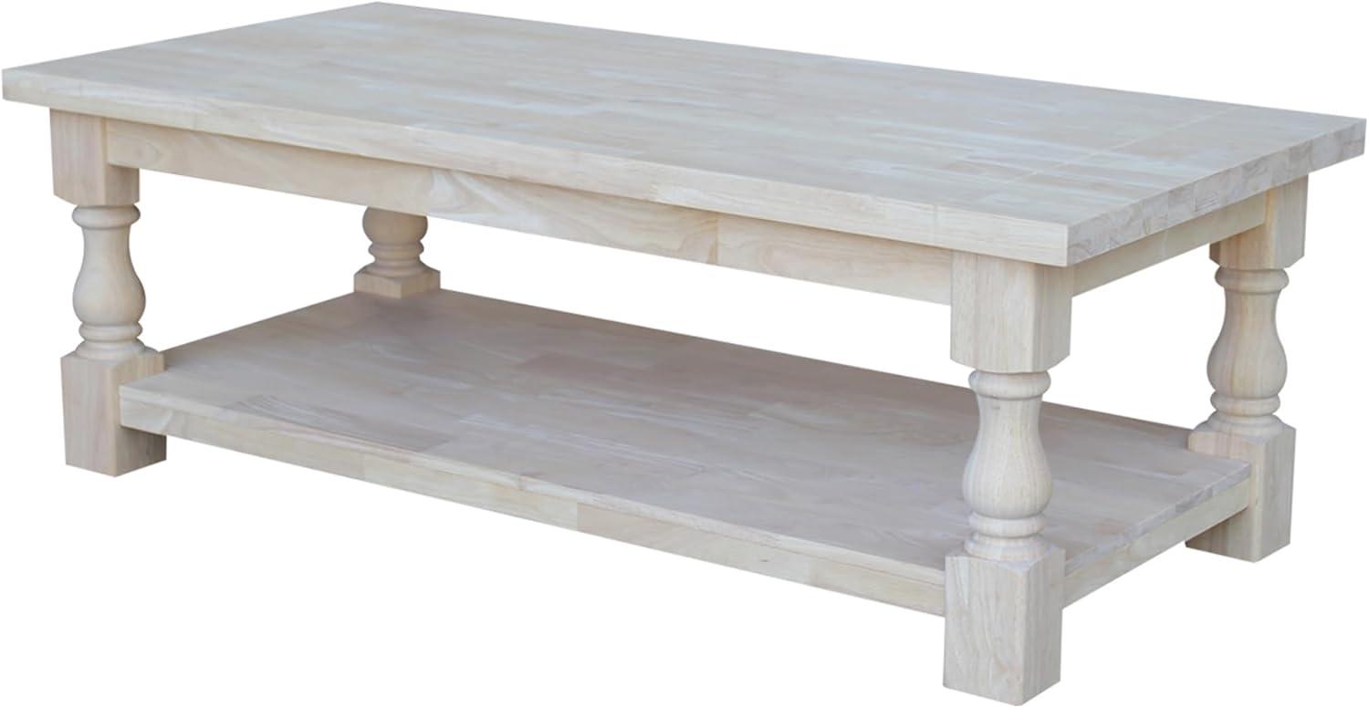 Tuscan Coffee Table - Unfinished - International Concepts: 56" Large Hardwood Coffee Table for Living Room with Fixed Shelf