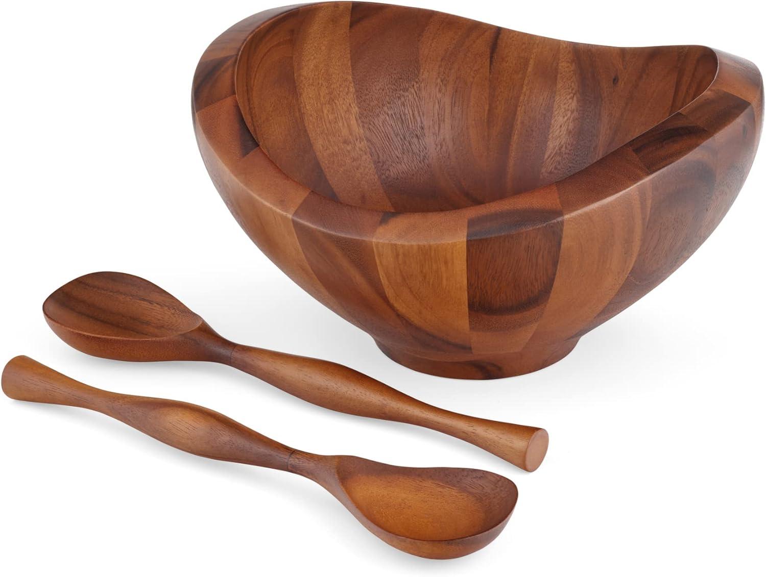 Nambe Bella Acacia Wood Salad Bowl w/ Servers,Bowl: 15" D x 8" H Servers: 13" L