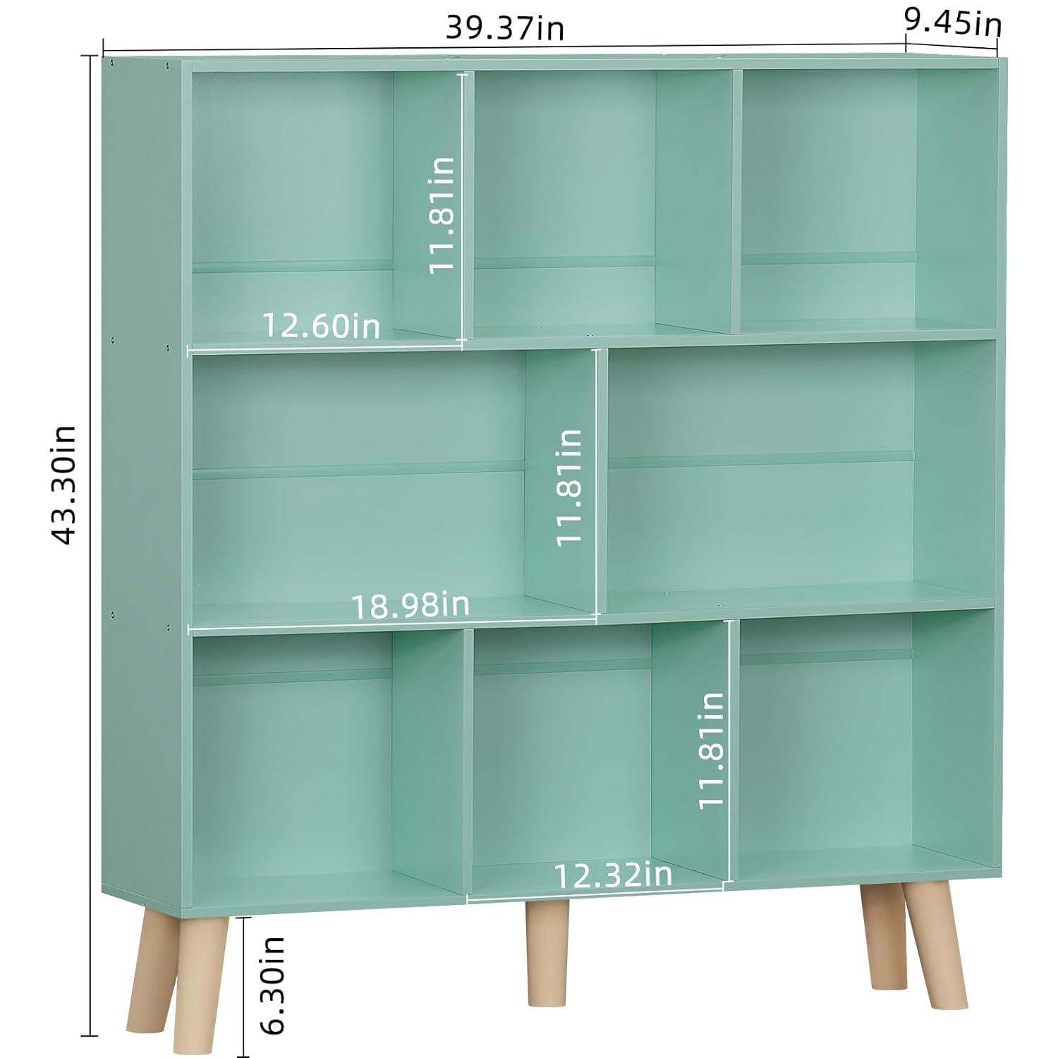 Satiny 7 Cube Bookshelf 3-Tier Bookcase with Legs, Mint-Green Kids Book Shelf Cute Storage Organizer, Toy Shelves Bookshelves,Wood Display Bookcases