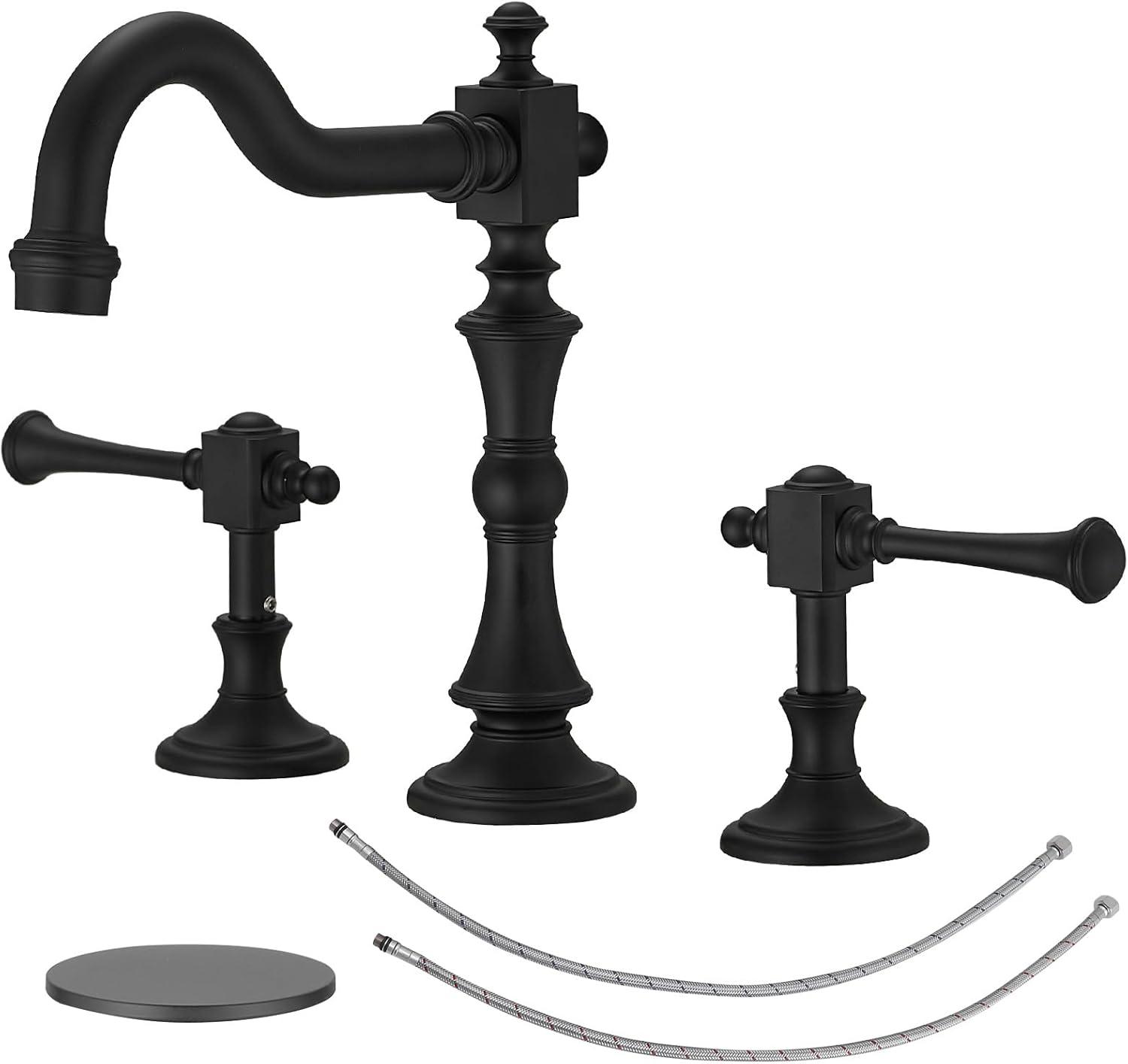 BWE 8 in. Widespread 2-Handle 3-Hole Bathroom Faucet with Drain Kit and Supply Lines in Matte Black