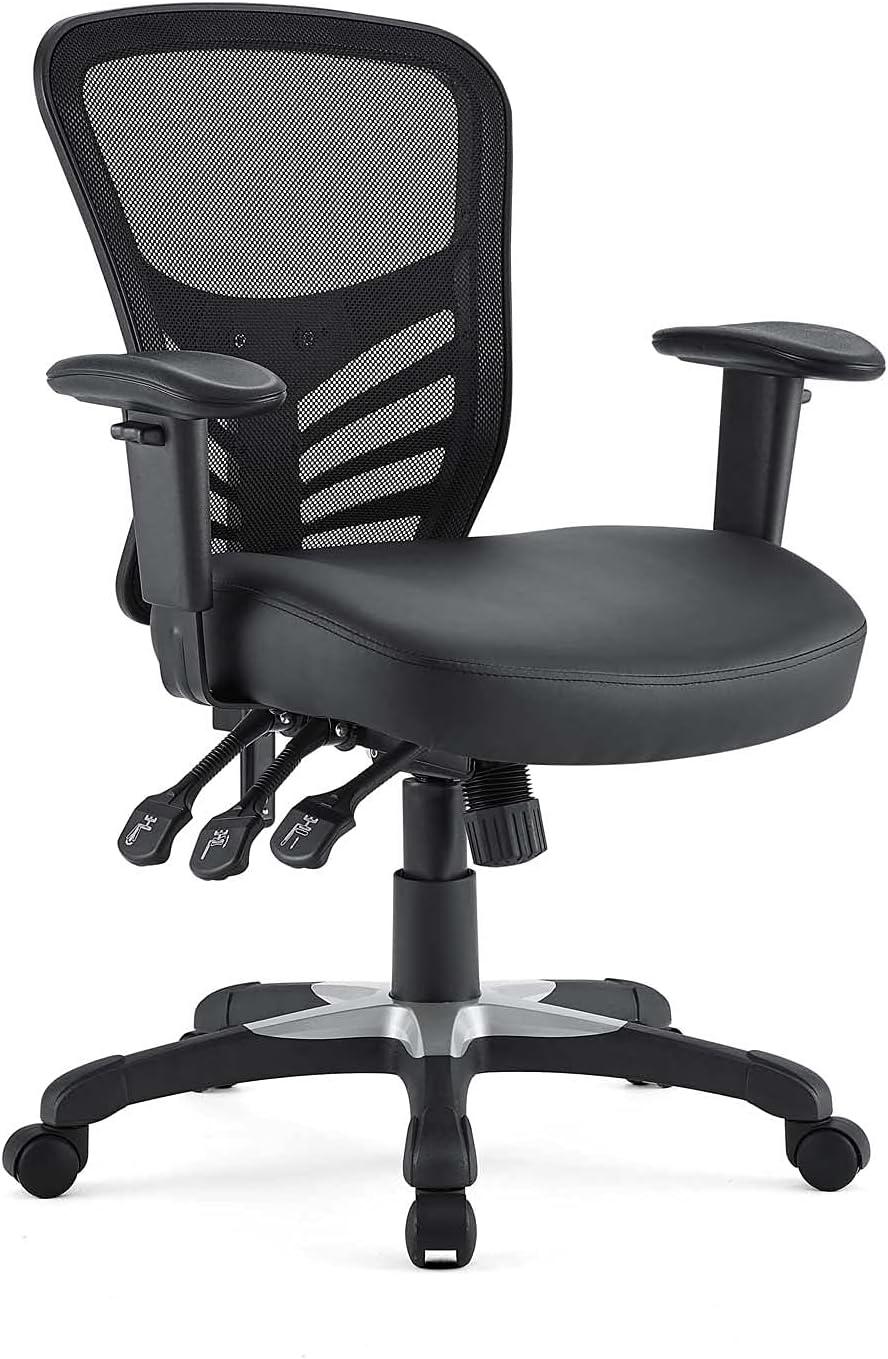 Articulate Mesh Office Chair Black Vegan Leather - Modway: Ergonomic, Adjustable Arms, Swivel, 330lb Capacity