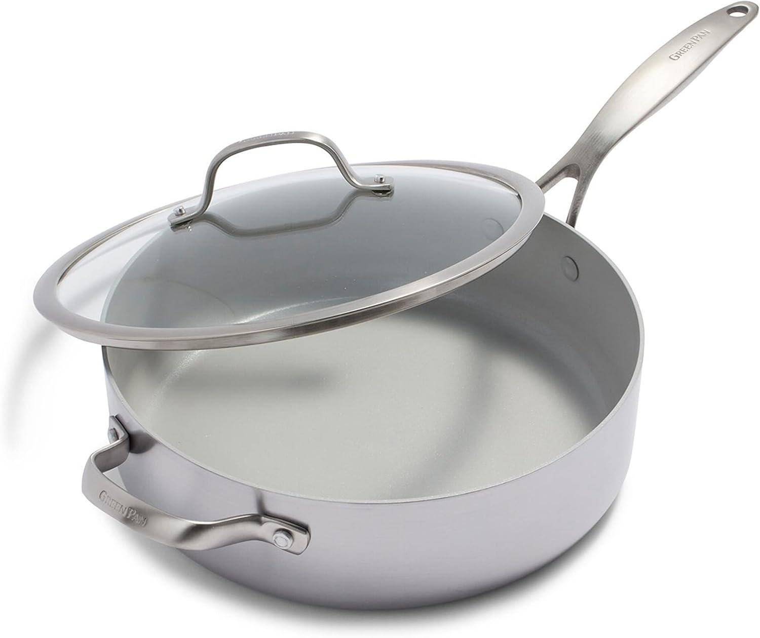 GreenPan Venice Pro Tri-Ply Stainless Steel Healthy Ceramic Nonstick 5qt Saute Pan with Lid