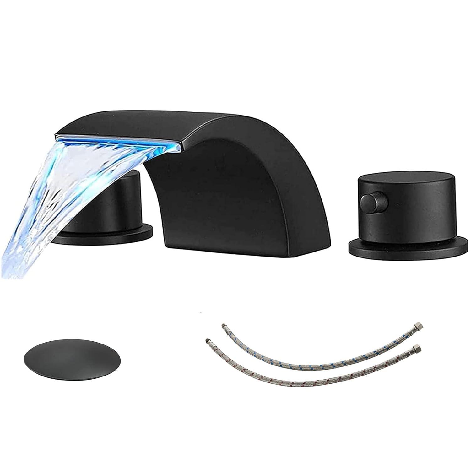 BWE 8 in. Widespread Waterfall Double Handle Three Holes Bathroom Faucet With Led Light in Black