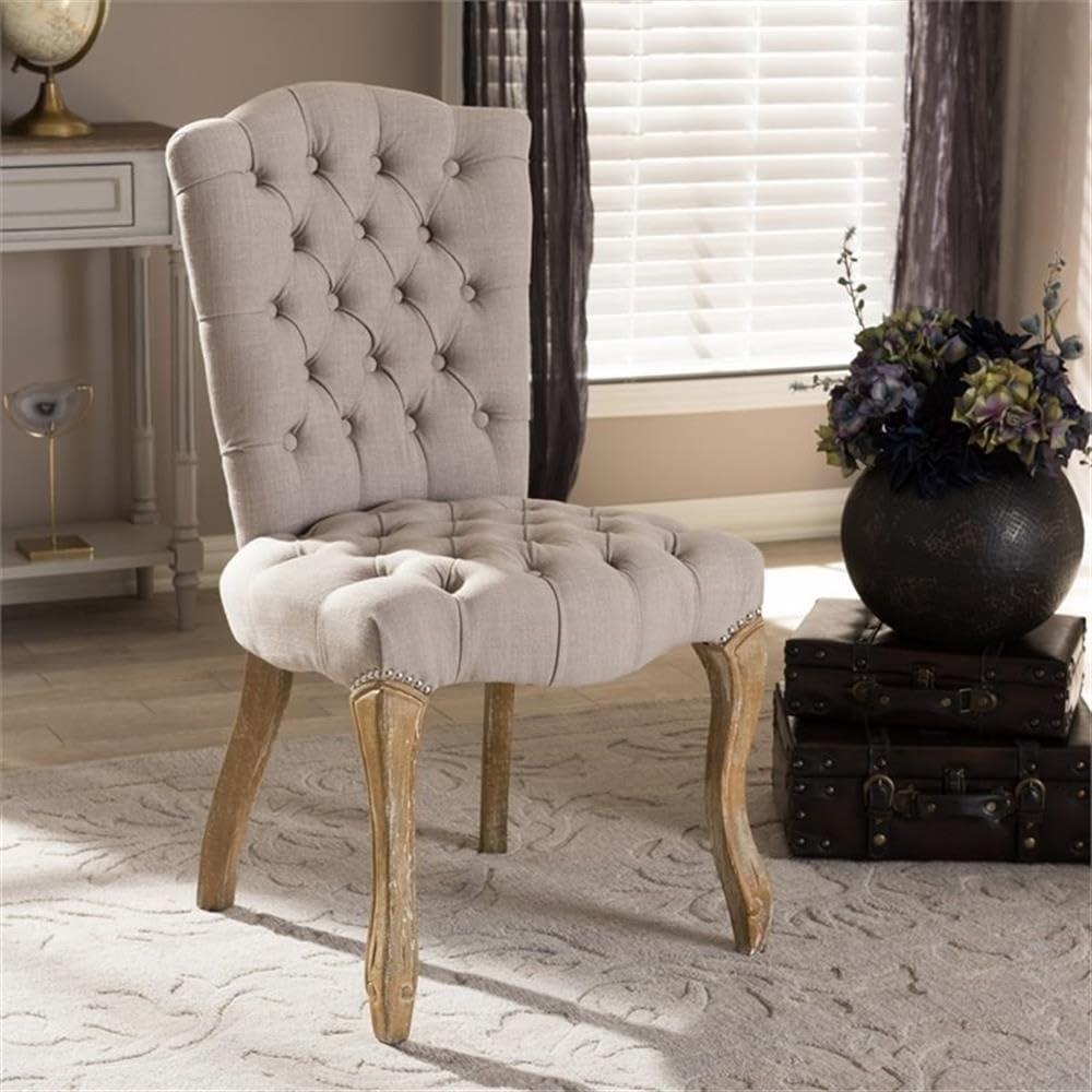 Hudson Weathered Oak Finish and Fabric Button Tufted Upholstered Dining Chair Beige - Baxton Studio: French Country Cottage Style