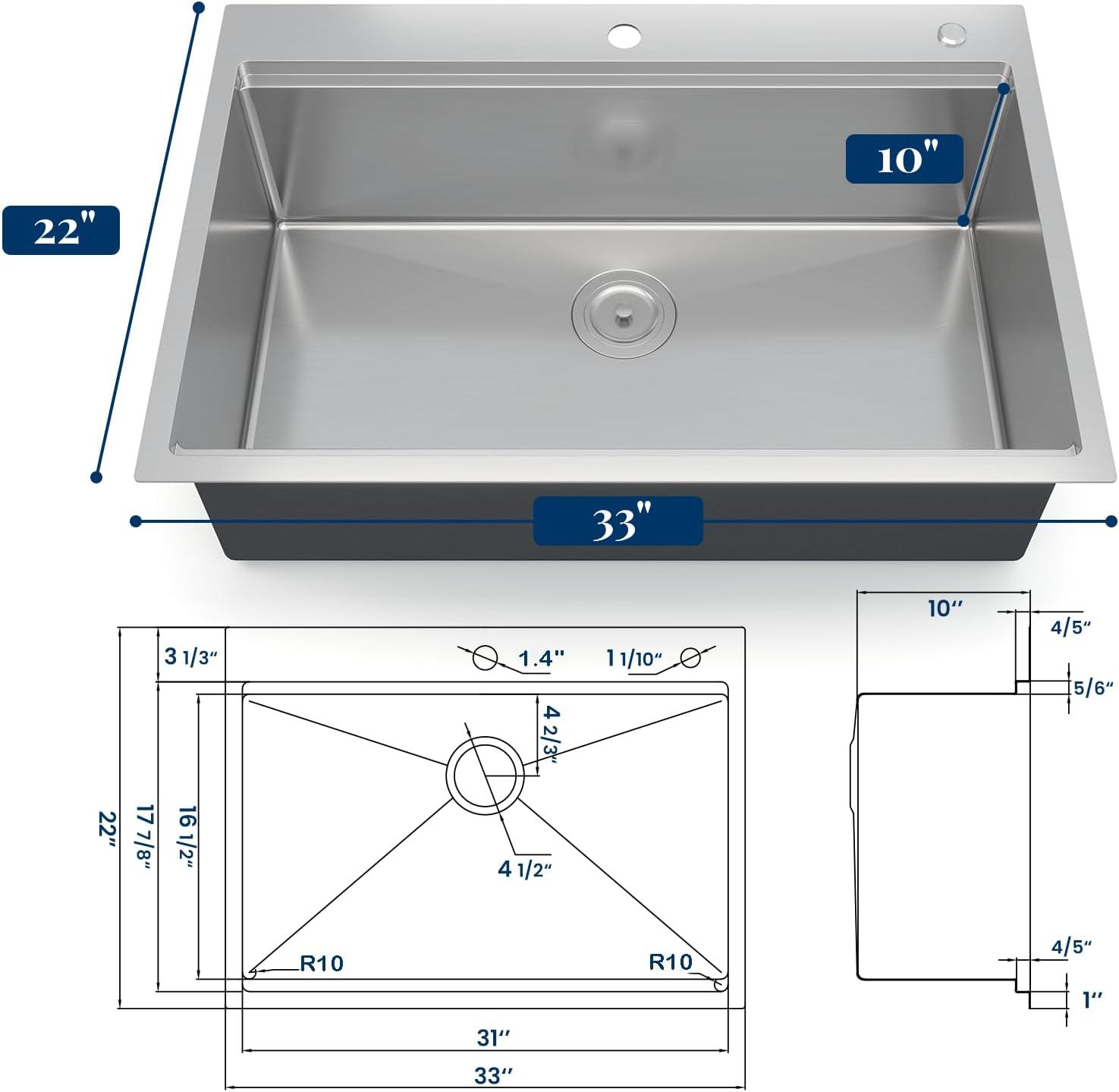 33 Inch Stainless Steel Drop-In Workstation Kitchen Sink with Accessories