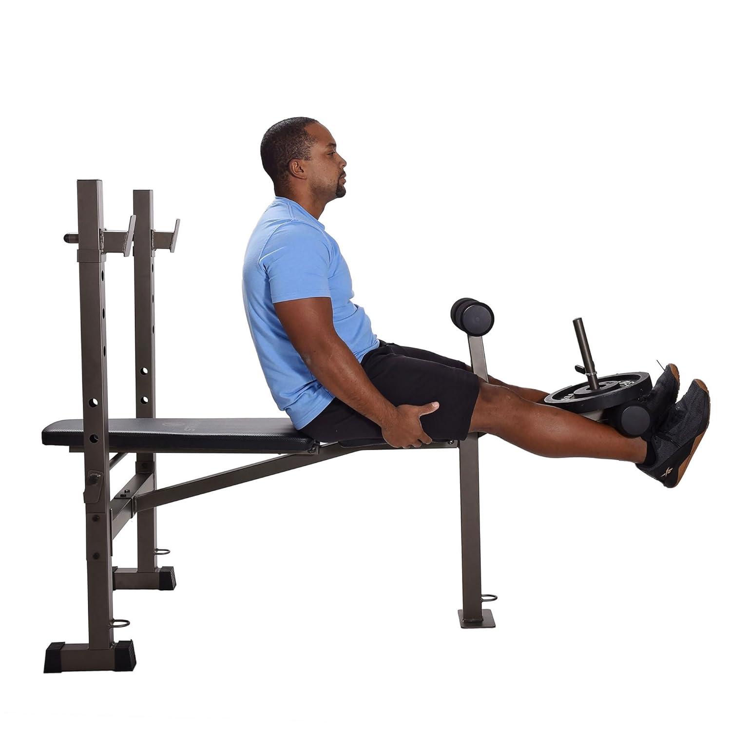 Stamina Adjustable Steel Weights Bench and Barbell Rack Combo Set with Resistance Band Anchor Points for Home Gym Workout or Exercise Equipment, Black