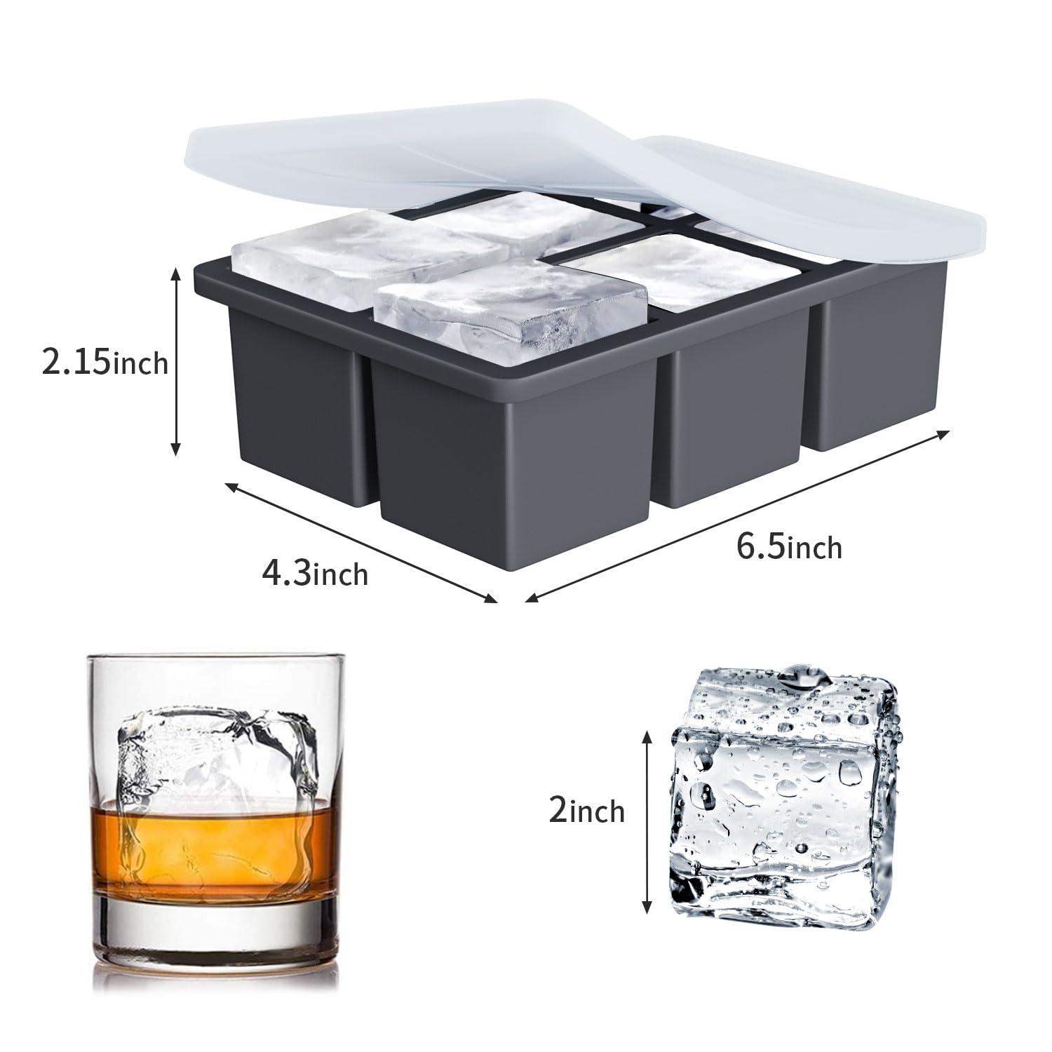 Large Ice Cube Tray for Whiskey: Big Square Ice Cube Maker for Cocktail - 2Pack Silicone Old Fashioned Ice Cube Trays - 2inch Huge Cubed Ice Trays for Whisky