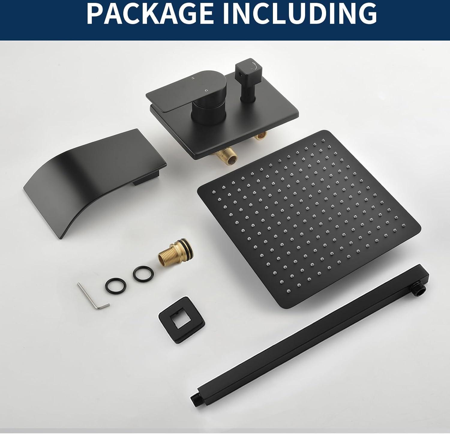 Matte Black Square Rain Shower Faucet Set with Lever Handle