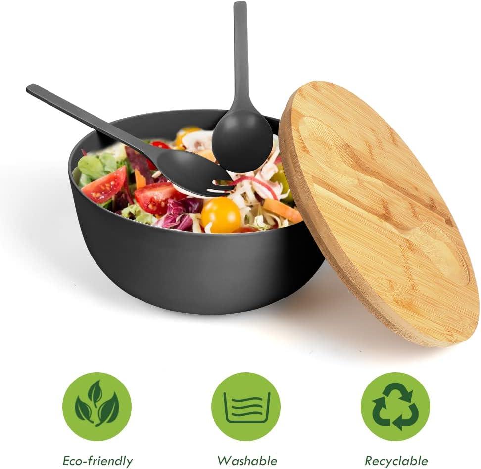 Large salad bowl with lid, upgraded version of bamboo fiber salad bowl with lid, 9.8-inch mixed salad bowl and server, and a set of free quick salad tools