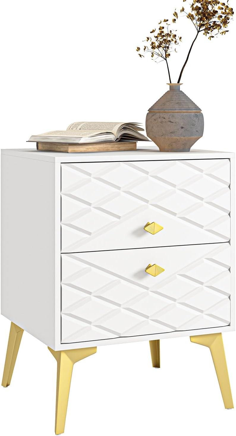 White and Gold Nightstand Set of 2,Modern Bedside Table with 2 Drawer for Bedroom,End Side Table with Gold Legs for Living Room,White Night Stand Set 2 for Bedroom