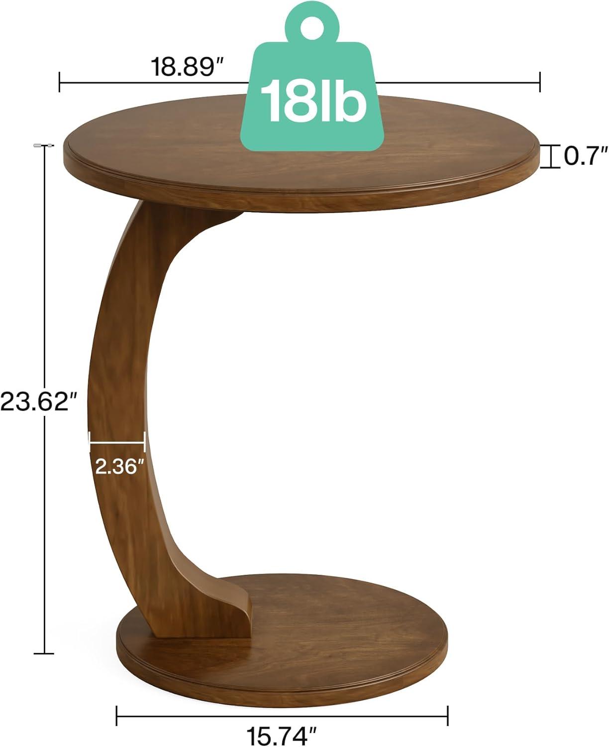 Hommoo C-Shaped End Table, Round Solid Wood Side Table for Living Room Brown