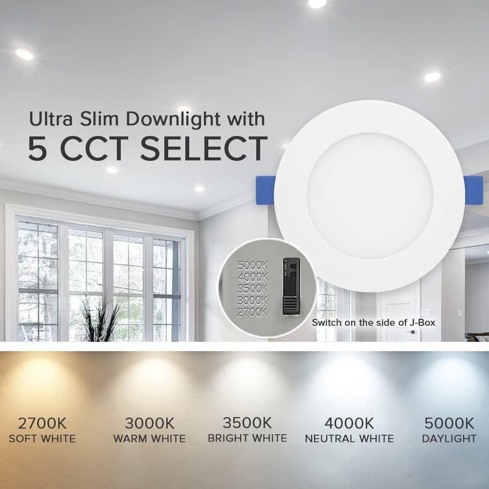 Maxxima 12 Pack 4” Ultra Thin LED Downlight, 750 Lumens, 5 CCT Selectable 2700K-5000K, Dimmable, White Trim, J-Box Included