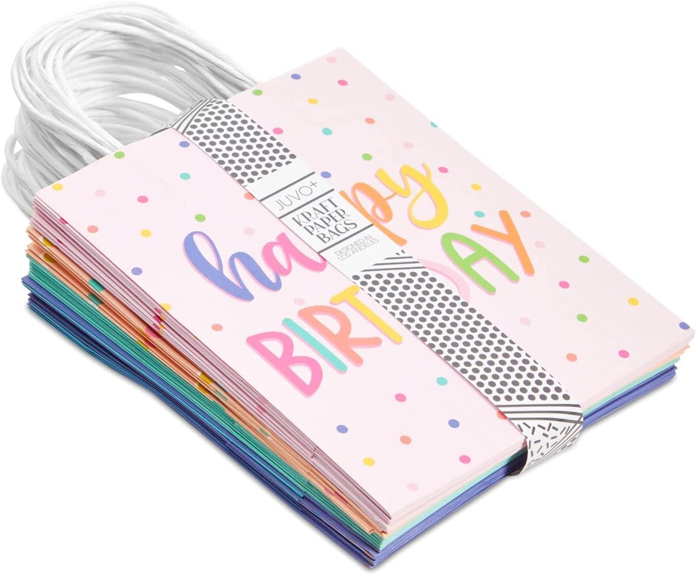 Sparkle and Bash 24 Pack 8 x 10 x 4 Inch Happy Birthday Gift Bags with Handles and 24 Sheets White Tissue Paper, 4 Pastel Colors