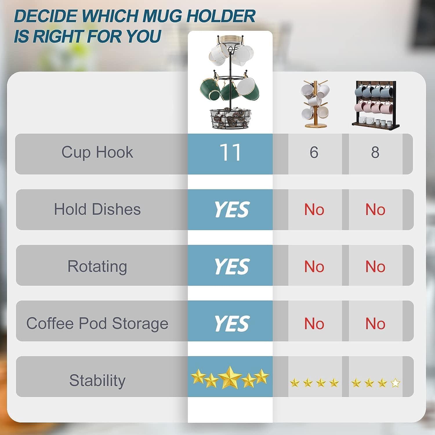 360° Rotating Coffee Mug Holder - Metal 3 Tier Mug Tree Rack Cup Holder for Countertop with 10 Hooks, Coffee Pods Holder for Bar Organizer Kitchen Counter - Black
