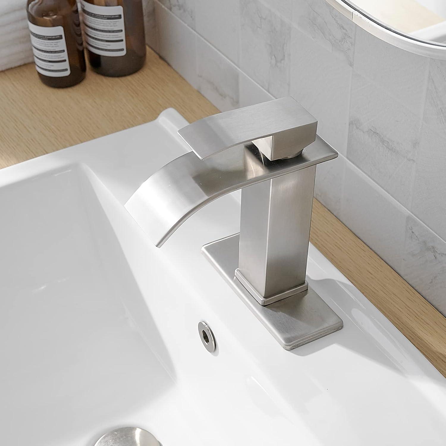 Brushed Nickel Square Waterfall Bathroom Faucet with Deck Plate